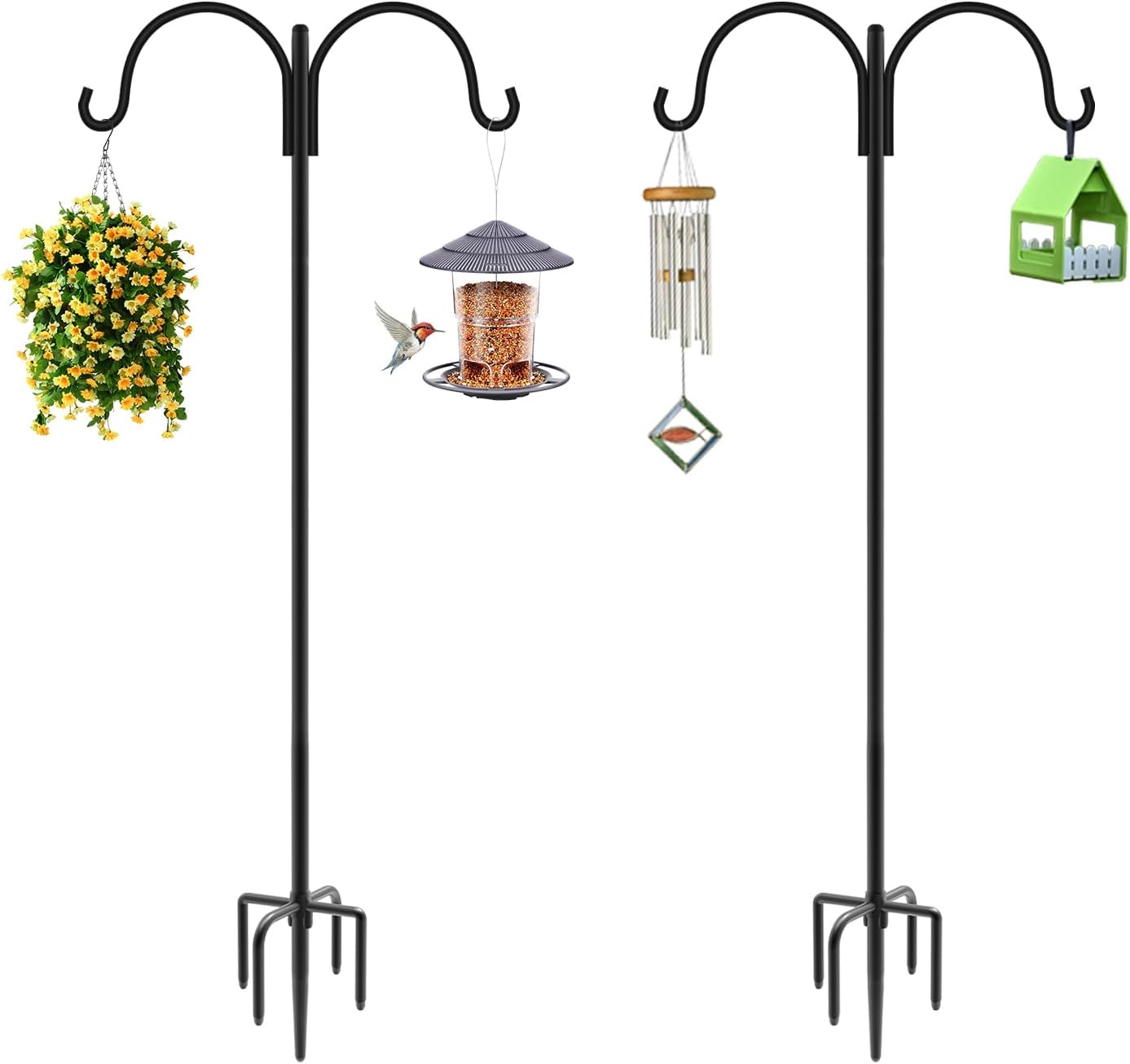 Artibear Double Shepherd Hooks for Outdoor, 76" Heavy Duty Bird Feeder Hangers Garden Hooks with 5-Prong Base, Outside Hanging Pole for Plant Baskets, Solar Light Lanterns, Wind Chimes, 2 Pack