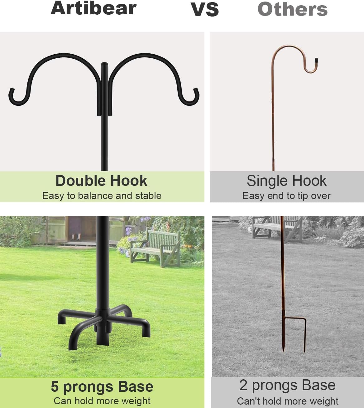 Artibear Double Shepherd Hooks for Outdoor, 76" Heavy Duty Bird Feeder Hangers Garden Hooks with 5-Prong Base, Outside Hanging Pole for Plant Baskets, Solar Light Lanterns, Wind Chimes, 2 Pack - Image 2