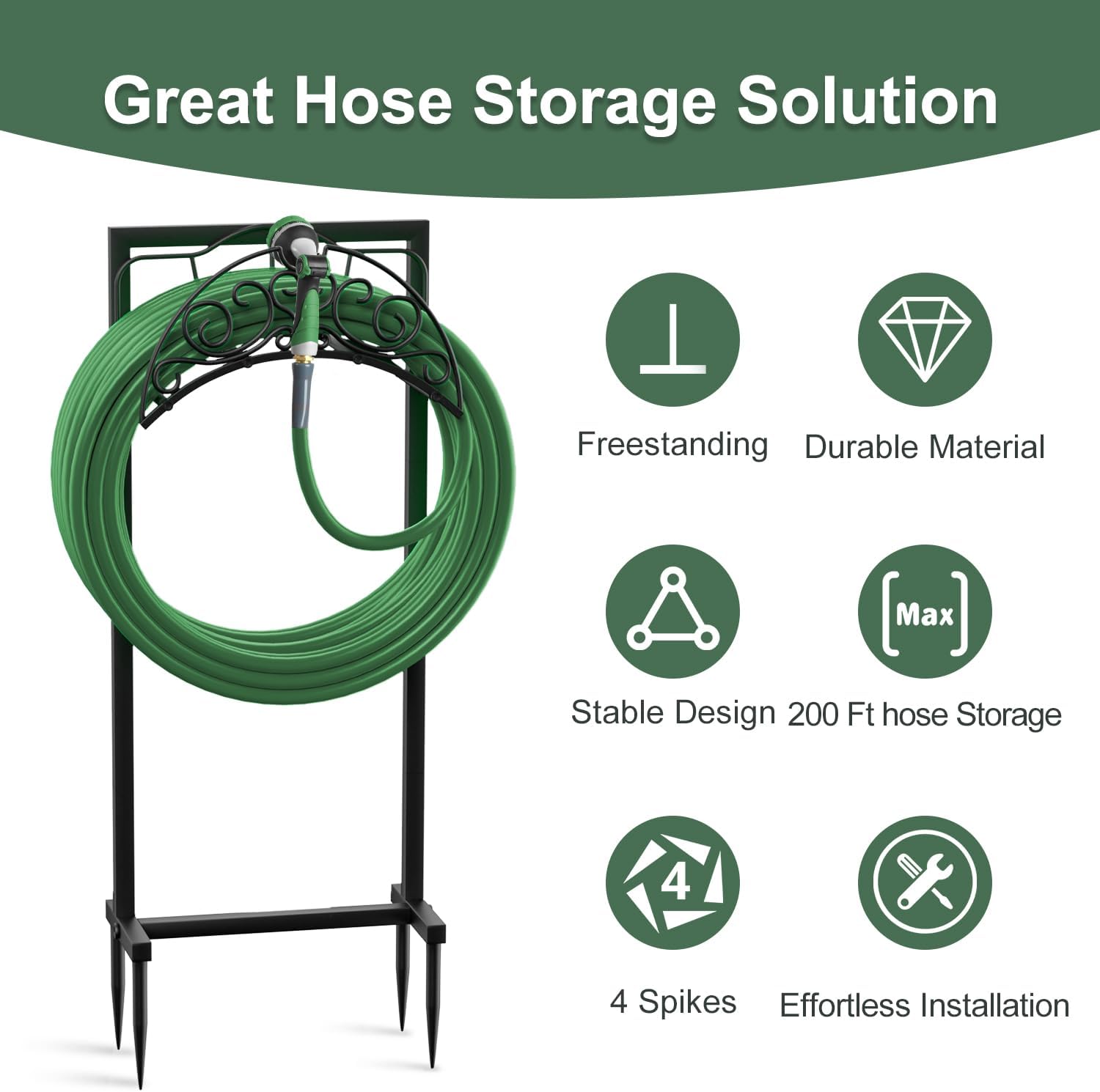 Garden Hose Holder for Outside, Upgraded Freestanding Water Hose Holder with 4 Spikes, Heavy Duty Rust-Resistant Metal Garden Hose Storage Stand for Outside, Black - Image 3