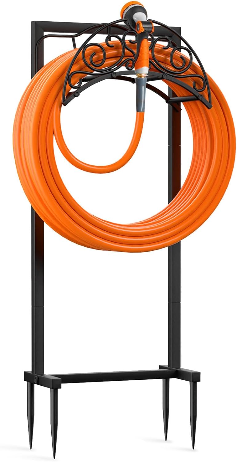 Garden Hose Holder for Outside, Upgraded Freestanding Water Hose Holder with 4 Spikes, Heavy Duty Rust-Resistant Metal Garden Hose Storage Stand for Outside, Black