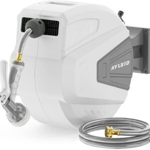 Ayleid Retractable Garden Hose Reel,1/2 in x 100 ft Wall Mounted Hose Reel, with 9- Function Sprayer Nozzle, Any Length Lock/Slow Return System/Wall Mounted/180°Swivel Bracket (Grey)