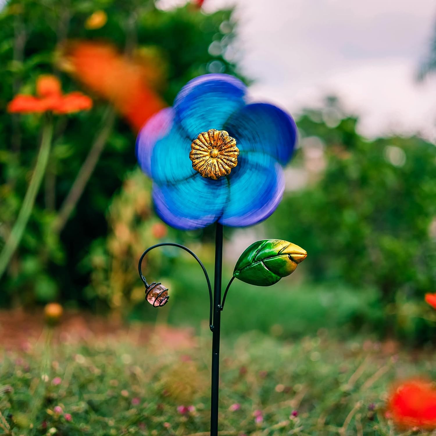 Wind Spinner with Metal Stake, 28.7 inches Outdoor Garden Pinwheels Spinners Blue Flower Shape Design for Yard Lawn Patio Decor - Image 8