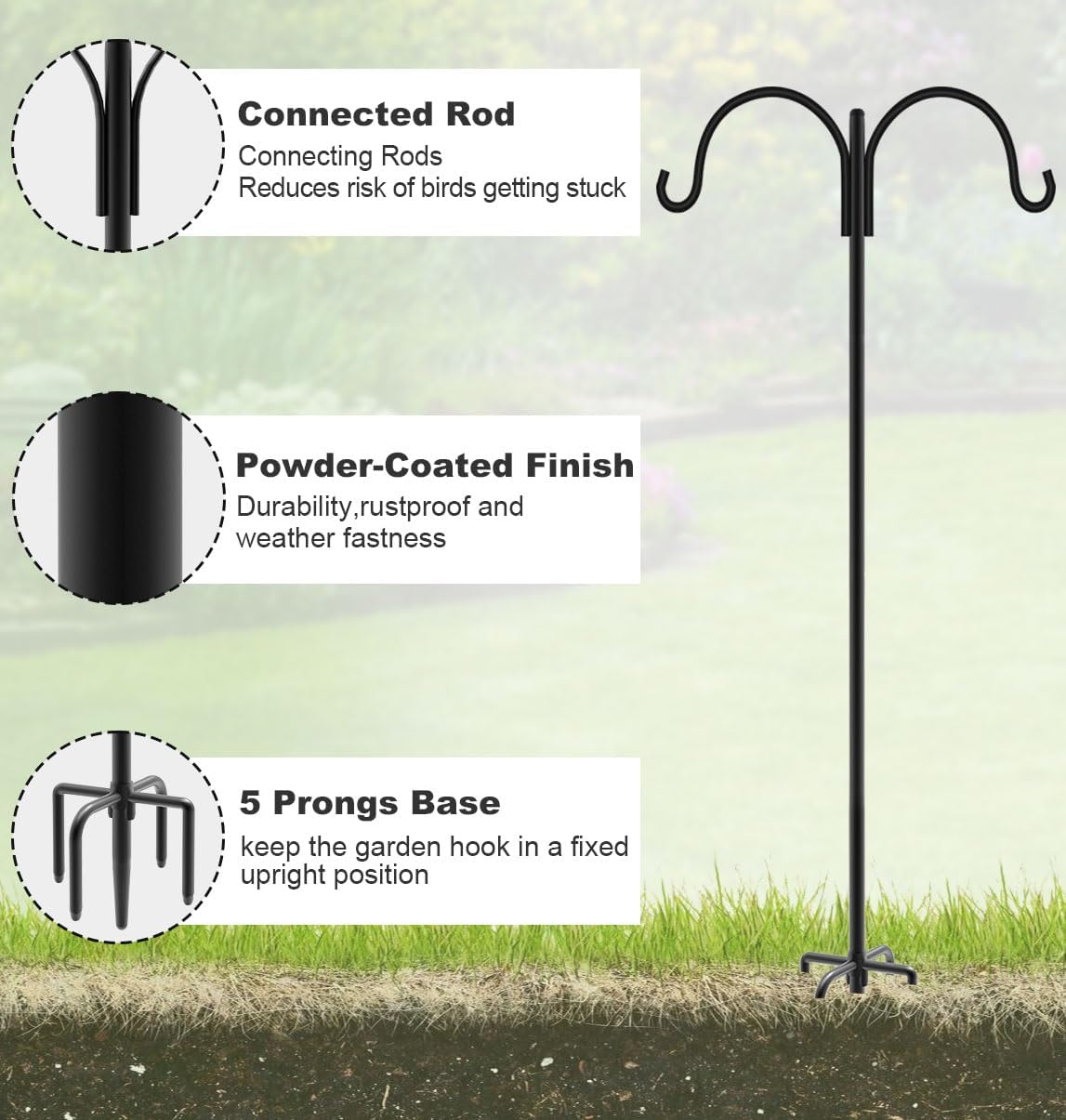Artibear Double Shepherd Hooks for Outdoor, 76" Heavy Duty Bird Feeder Hangers Garden Hooks with 5-Prong Base, Outside Hanging Pole for Plant Baskets, Solar Light Lanterns, Wind Chimes, 2 Pack - Image 3