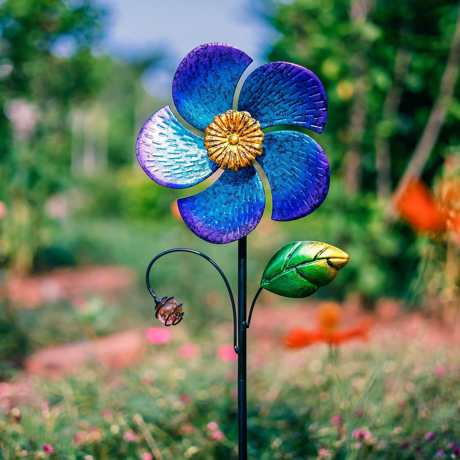 Wind Spinner with Metal Stake, 28.7 inches Outdoor Garden Pinwheels Spinners Blue Flower Shape Design for Yard Lawn Patio Decor - Image 7