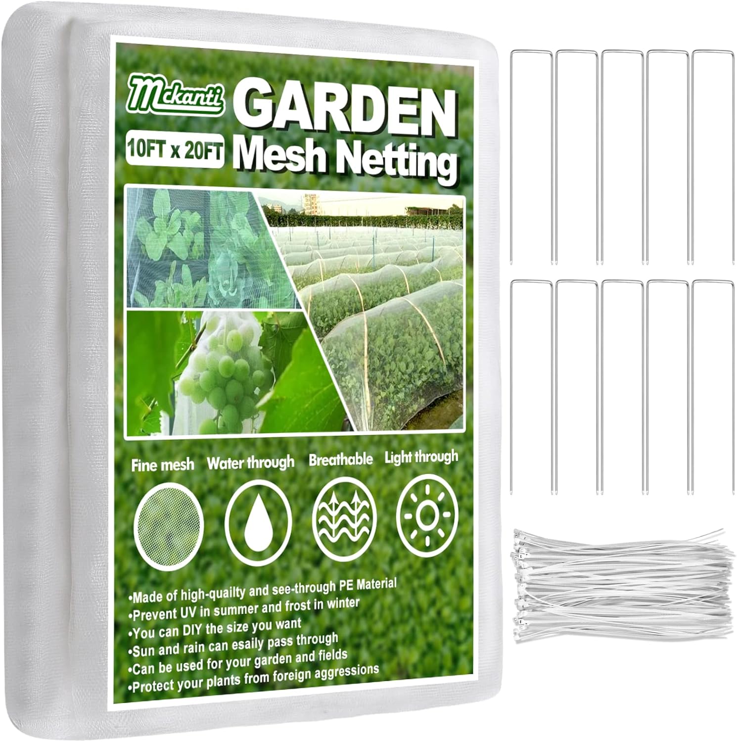 Mckanti 10x20FT Garden Mesh Netting, Fine Plant Covers with 50Pcs Cable Ties & 10Pcs Garden Nails, Garden Bed Netting Cover for Plants Vegetables Garden Row Greenhouse Patio Barrier Net