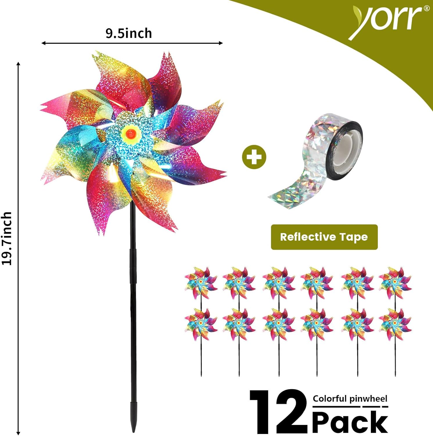 Pinwheels for Yard and Garden, 12Pack Reflective Pinwheels to Scare Birds Away, Sparkly Colorful Pin Wheels with Bird Scare Tape for Lawn, Patio(Pack of 12) - Image 3