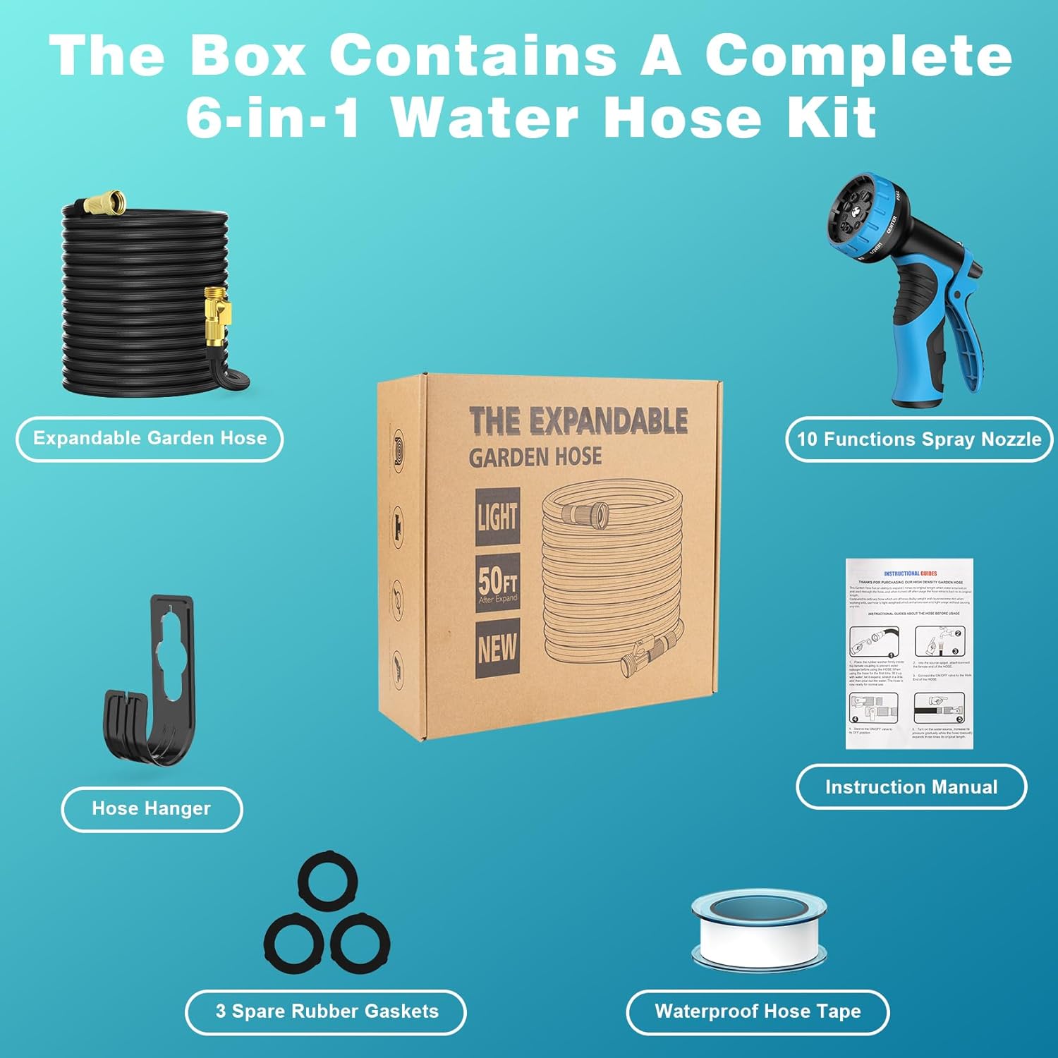 50 ft Expandable Garden Hose with 10 Functions Spray Nozzle, Water Hose with 50 Layers Nano Rubber, 3/4" Solid Brass Connector, Leakproof Lightweight Hose Expanding Water Pipe for Car Washing - Image 7