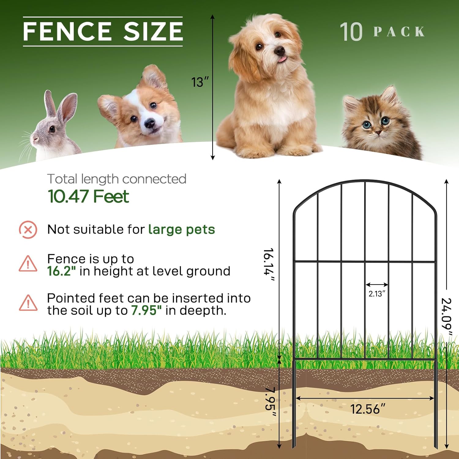 Garden Fence, Total 10ft(L) x 24in(H) Garden Fencing Animal Barrier, 10 Pcs Rustproof Metal Fence Panels, Black No Dig Fence, Decorative Garden Fences and Borders for Dogs, Flower Bed, Patio - Image 6