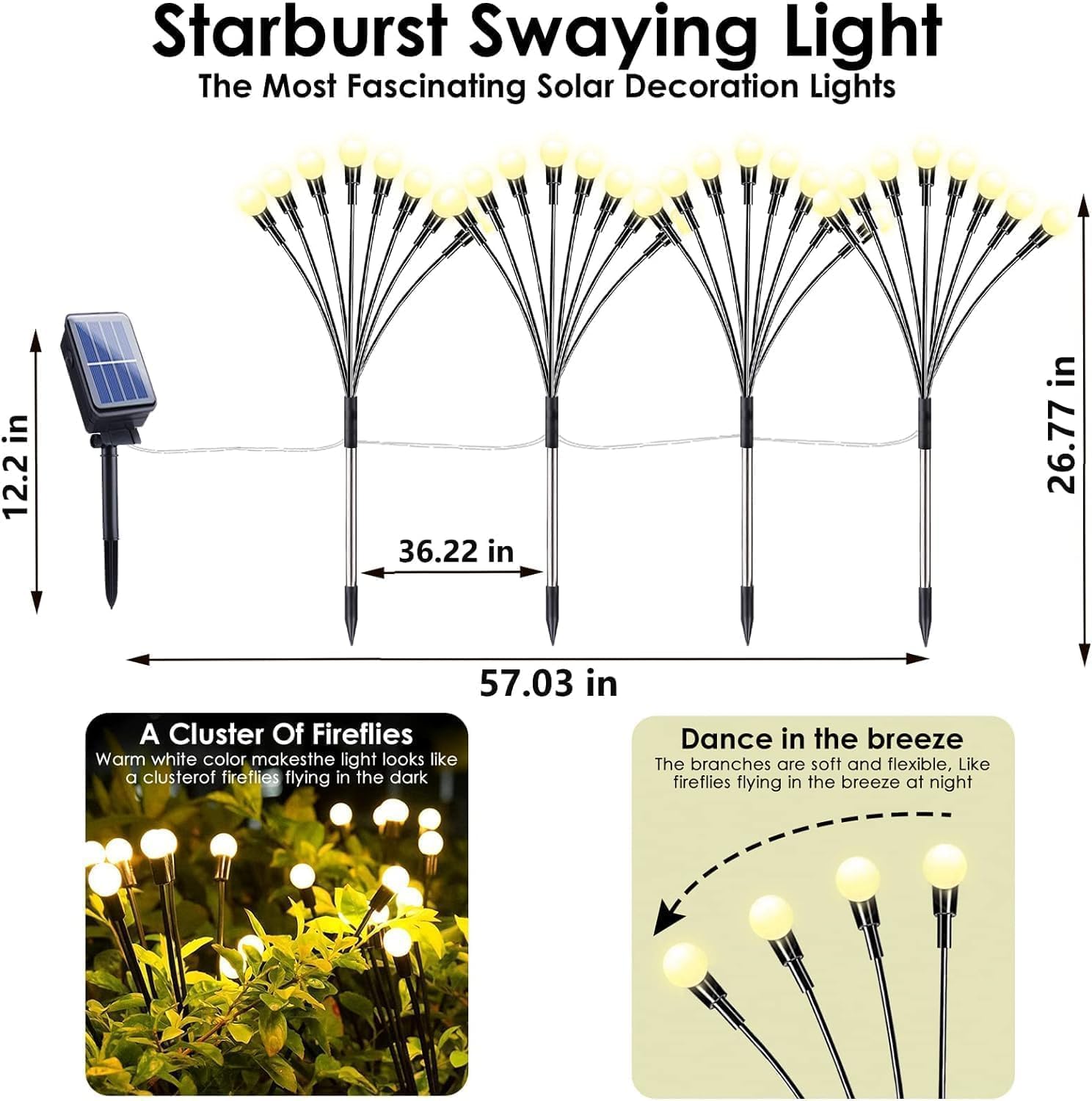 OZS 8Pack Total 64LED Solar Garden Lights Solar Lights Outdoor, Solar Firefly Lights, Waterproof Solar Fairy Lights Outdoor for Garden Yard Pathway Decoration(Warm White) - Image 3