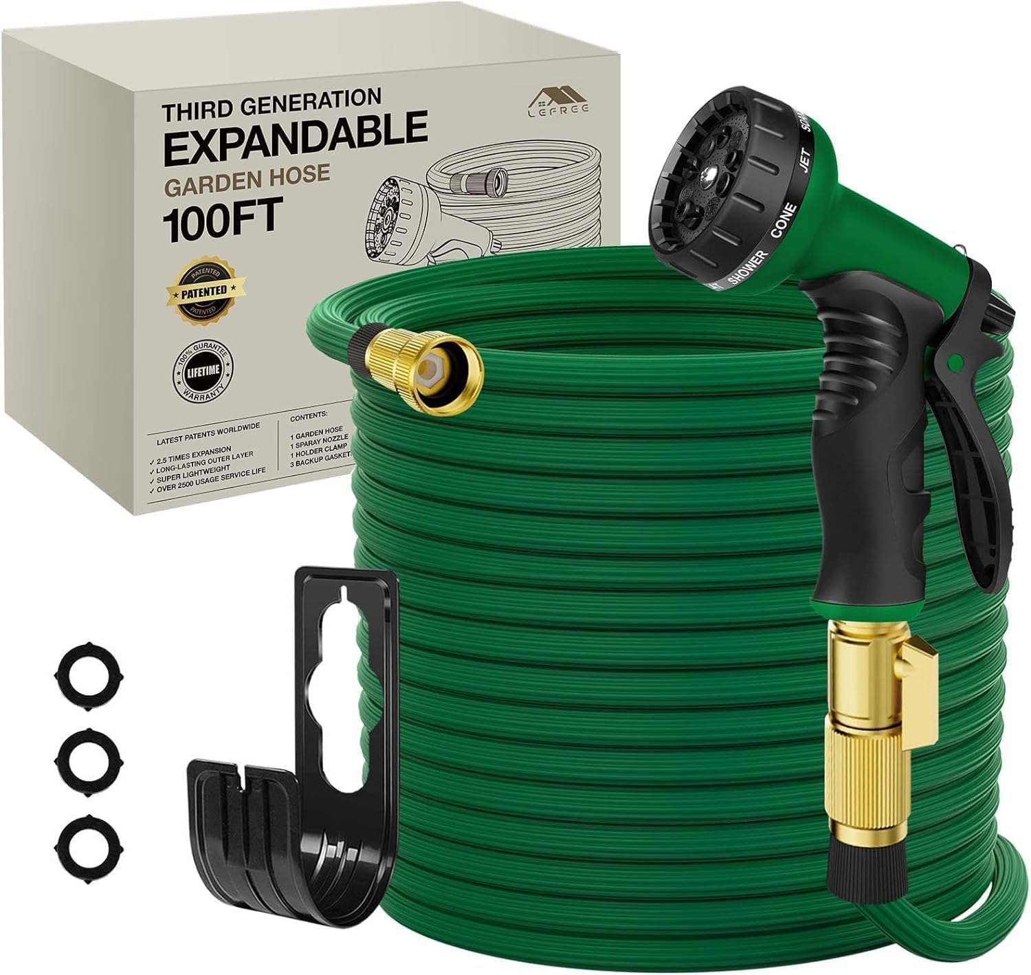Lefree Garden Hose 100ft, Expandable Garden Hose Leak-Proof with 40 Layers of Innovative Nano Rubber,2024 Version/New Patented, Lightweight, No-Kink Flexible Water Hose (Green)