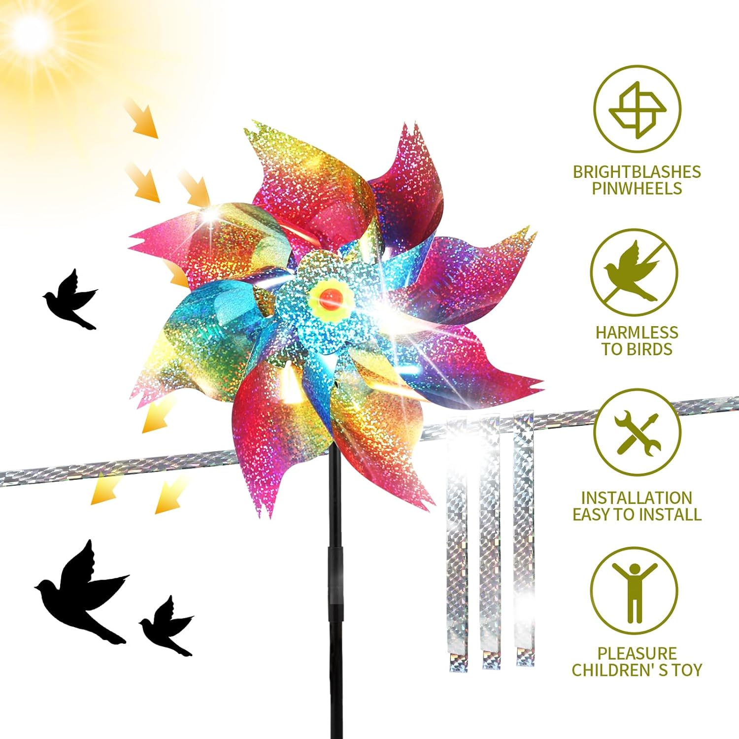 Pinwheels for Yard and Garden, 12Pack Reflective Pinwheels to Scare Birds Away, Sparkly Colorful Pin Wheels with Bird Scare Tape for Lawn, Patio(Pack of 12) - Image 2