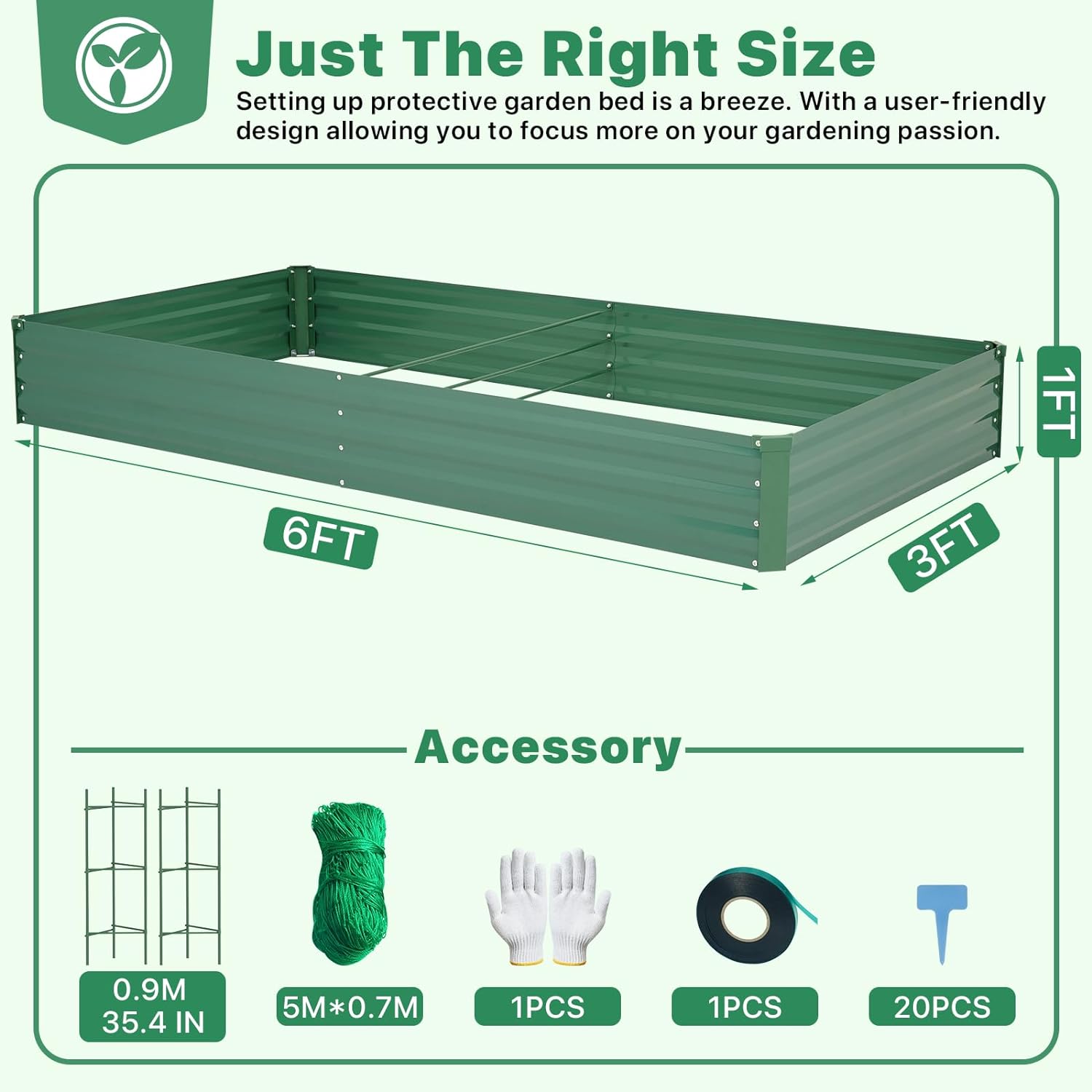 Galvanized Raised Garden Bed for Vegetables Flowers Herbs, Metal Raised Garden Bed Kit with 2 PCS Tomato Cage, Gloves, Trellis Netting, Plant Labels, Plant Ties, Green 6×3×1FT - Image 2
