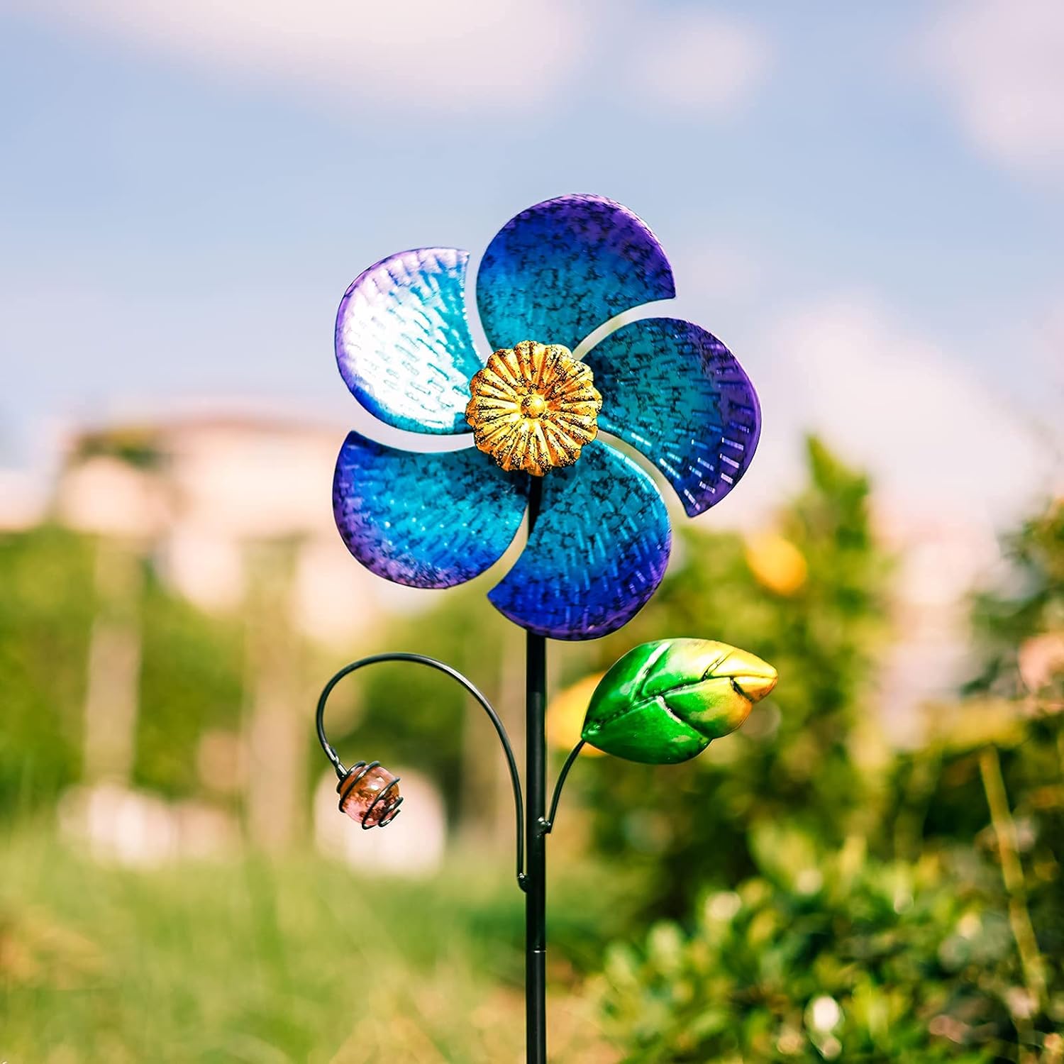 Wind Spinner with Metal Stake, 28.7 inches Outdoor Garden Pinwheels Spinners Blue Flower Shape Design for Yard Lawn Patio Decor - Image 4