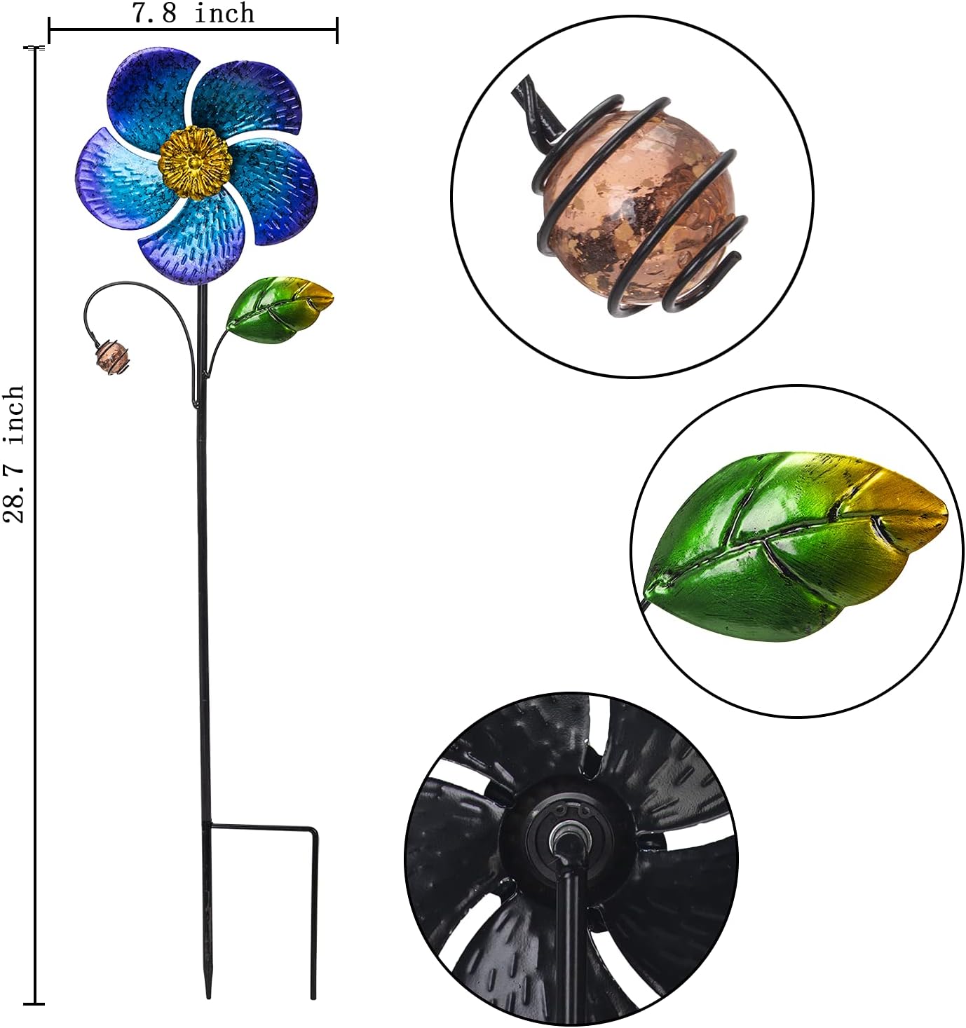 Wind Spinner with Metal Stake, 28.7 inches Outdoor Garden Pinwheels Spinners Blue Flower Shape Design for Yard Lawn Patio Decor - Image 2