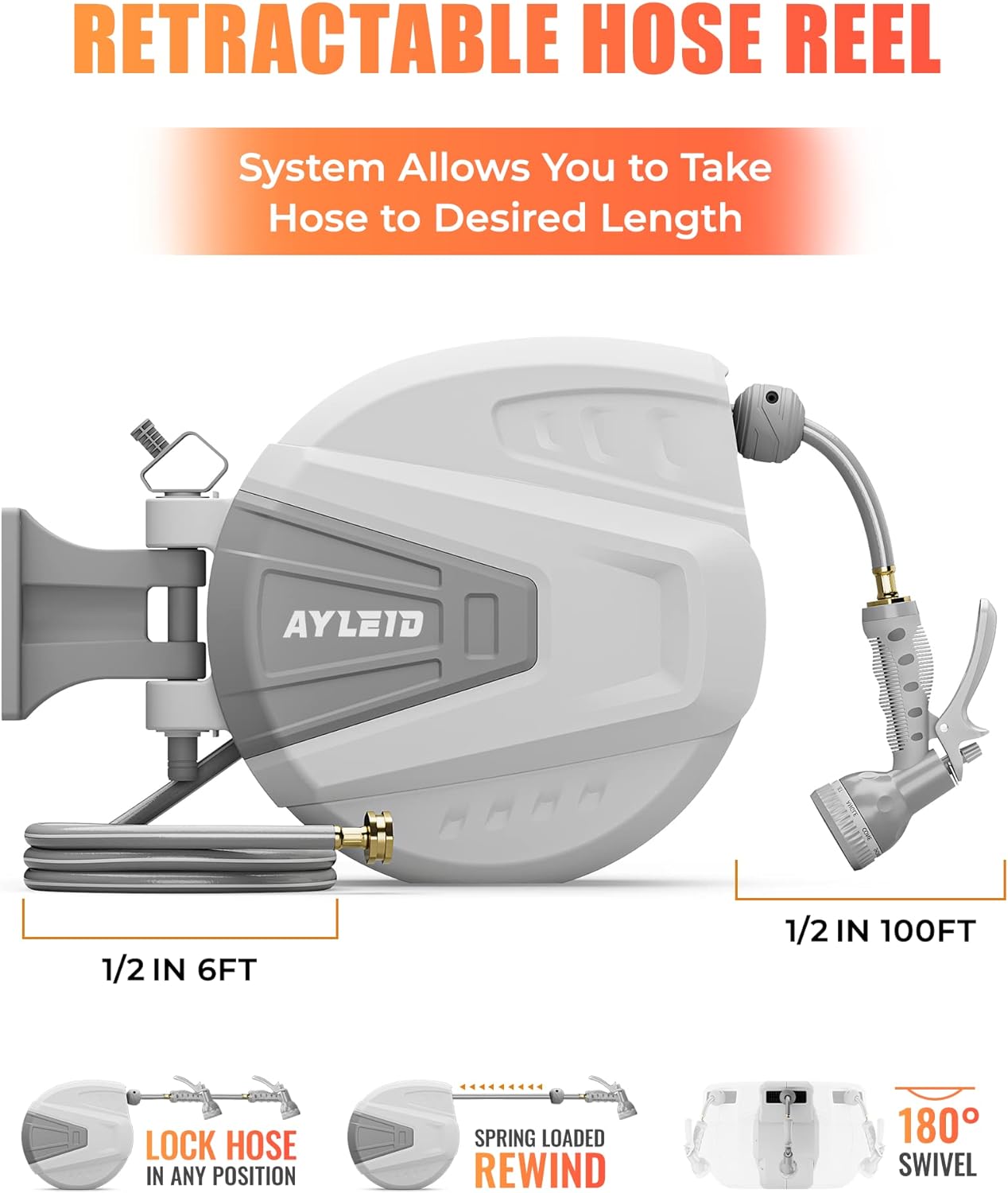 Ayleid Retractable Garden Hose Reel,1/2 in x 100 ft Wall Mounted Hose Reel, with 9- Function Sprayer Nozzle, Any Length Lock/Slow Return System/Wall Mounted/180°Swivel Bracket (Grey) - Image 2