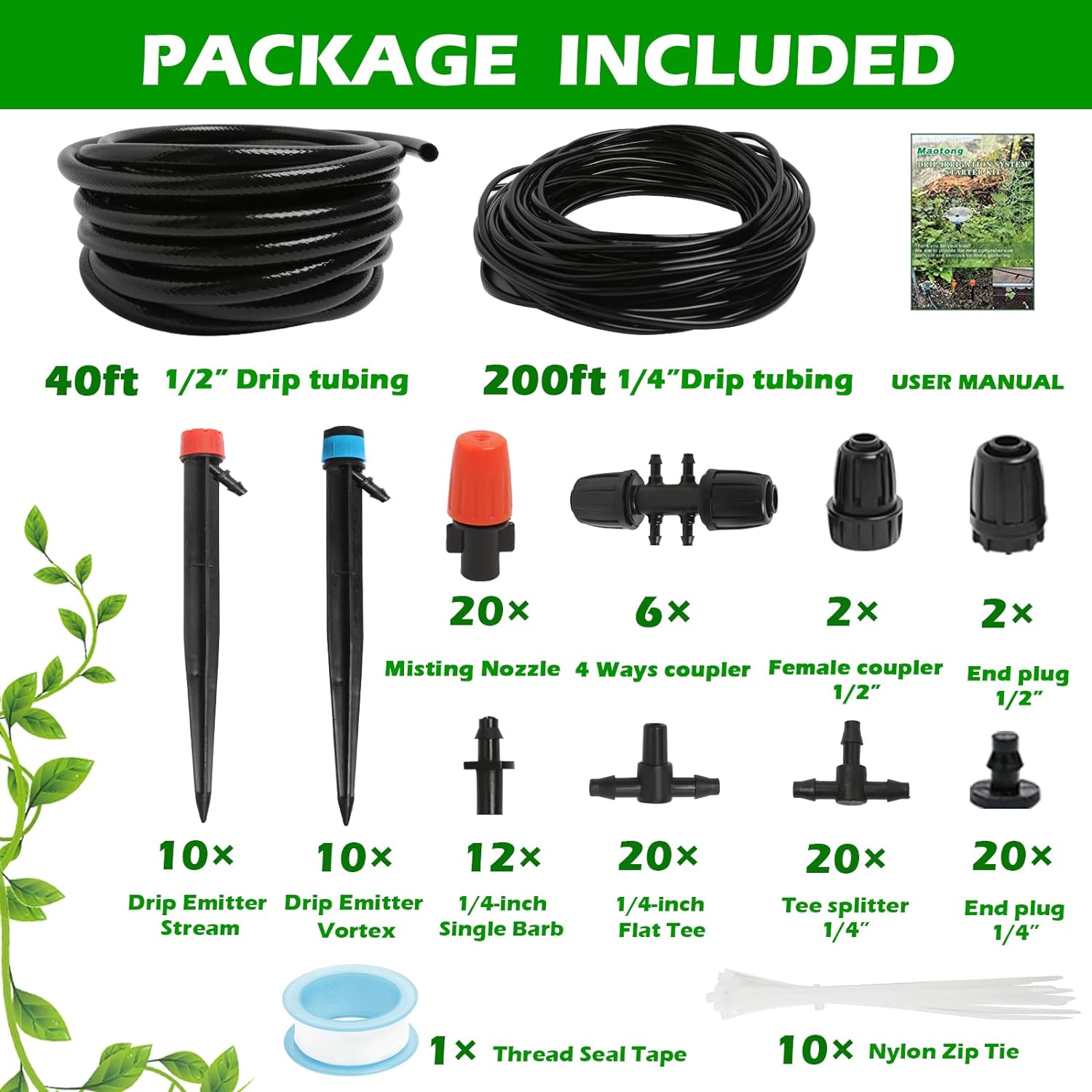 240FT Drip Irrigation System Kit, Automatic Garden Watering Misting System for Greenhouse, Yard, Lawn, Plant with 1/2 inch Hose 1/4 inch Distribution Tubing and Accessories - Image 2