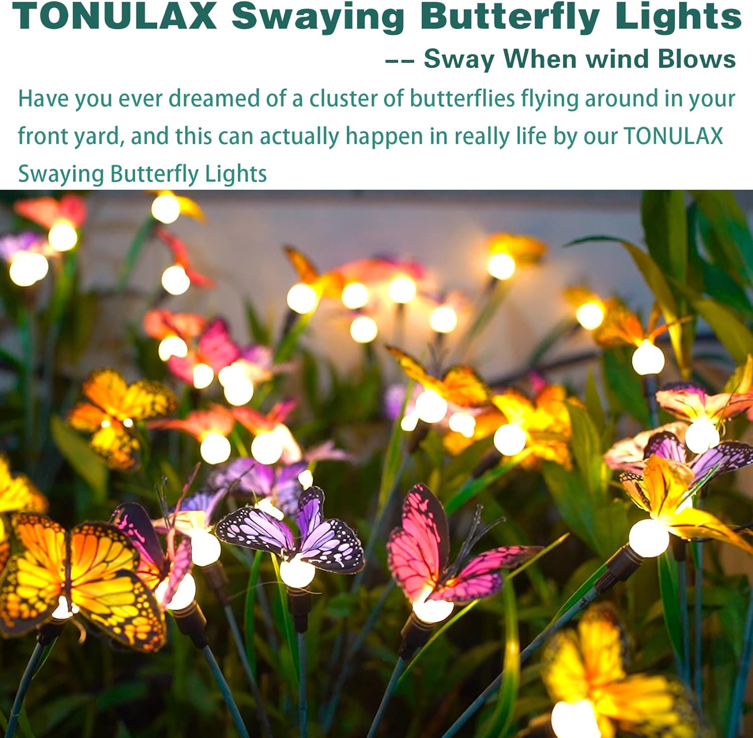 TONULAX Solar Garden Lights - Newest Swaying Butterfly Light, Swaying in The Wind, Solar Outdoor Lights, Yard Patio Pathway Decoration, High Flexibility Iron Wire & Realistic Butterflies (2 Pack) - Image 5