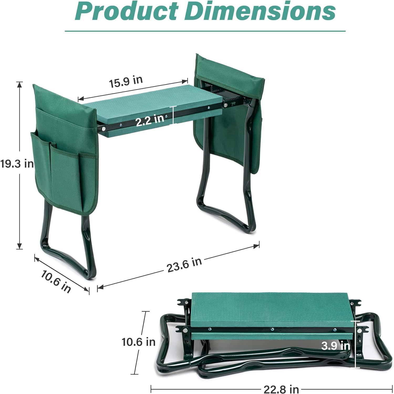Simple Deluxe Garden Kneeler and Seat, Foldable Kneeling Stool with Thicker EVA Foam Pad Heavy Duty Bench, with Tool Pouch, Apron, Gifts for Outdoor Gardening, Fishing, Green - Image 2