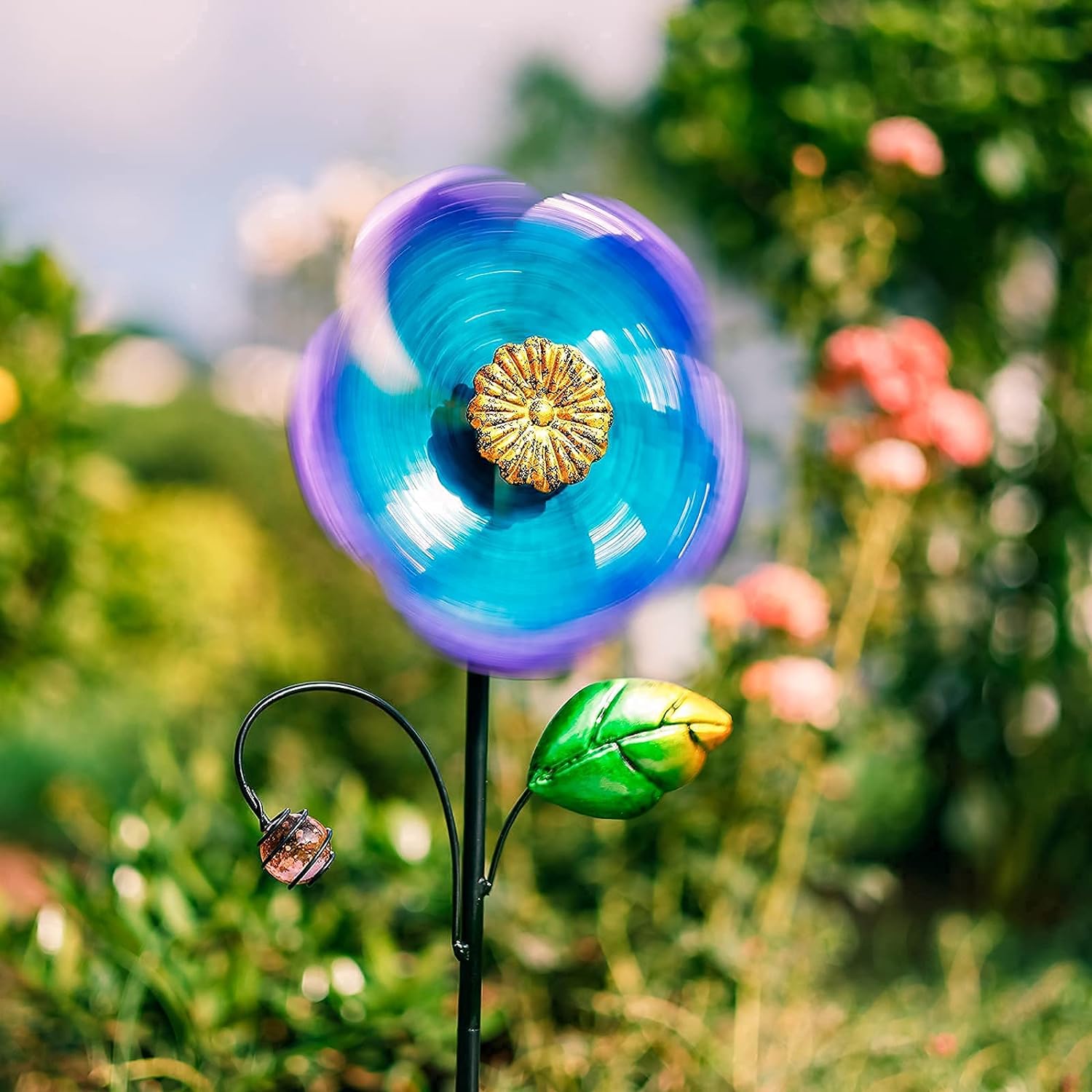 Wind Spinner with Metal Stake, 28.7 inches Outdoor Garden Pinwheels Spinners Blue Flower Shape Design for Yard Lawn Patio Decor - Image 3