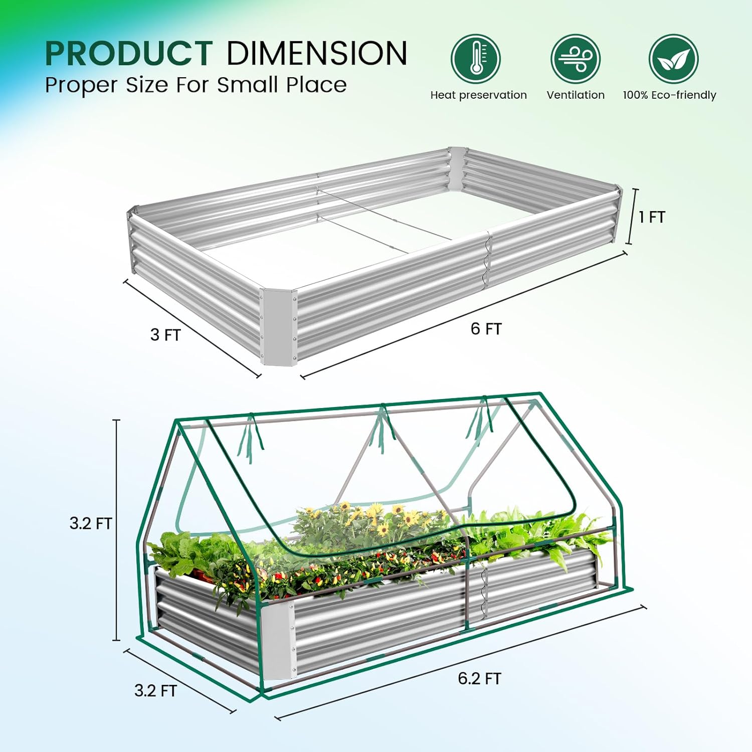 Land Guard 6x3x1ft Galvanized Raised Garden Bed with Waterproof Cover Small Mini Portable Antifreeze Greenhouse Kit for Metal Planter Box with 2 Huge Roll-up Zipper Door Window - Image 2