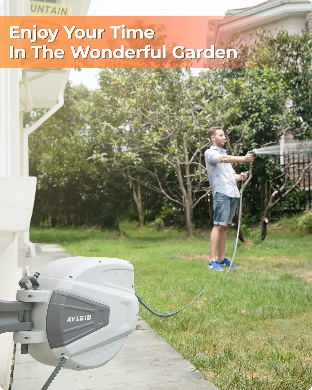 Ayleid Retractable Garden Hose Reel,1/2 in x 100 ft Wall Mounted Hose Reel, with 9- Function Sprayer Nozzle, Any Length Lock/Slow Return System/Wall Mounted/180°Swivel Bracket (Grey) - Image 5