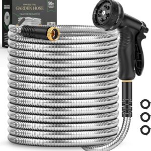 Garden Hose 50 FT, Metal Stainless Steel Water Hose with 10 Function Nozzles, No Kinks, Flexible Hose, Lightweight, Puncture Proof, Heavy Duty Hose for Yard and Outdoor