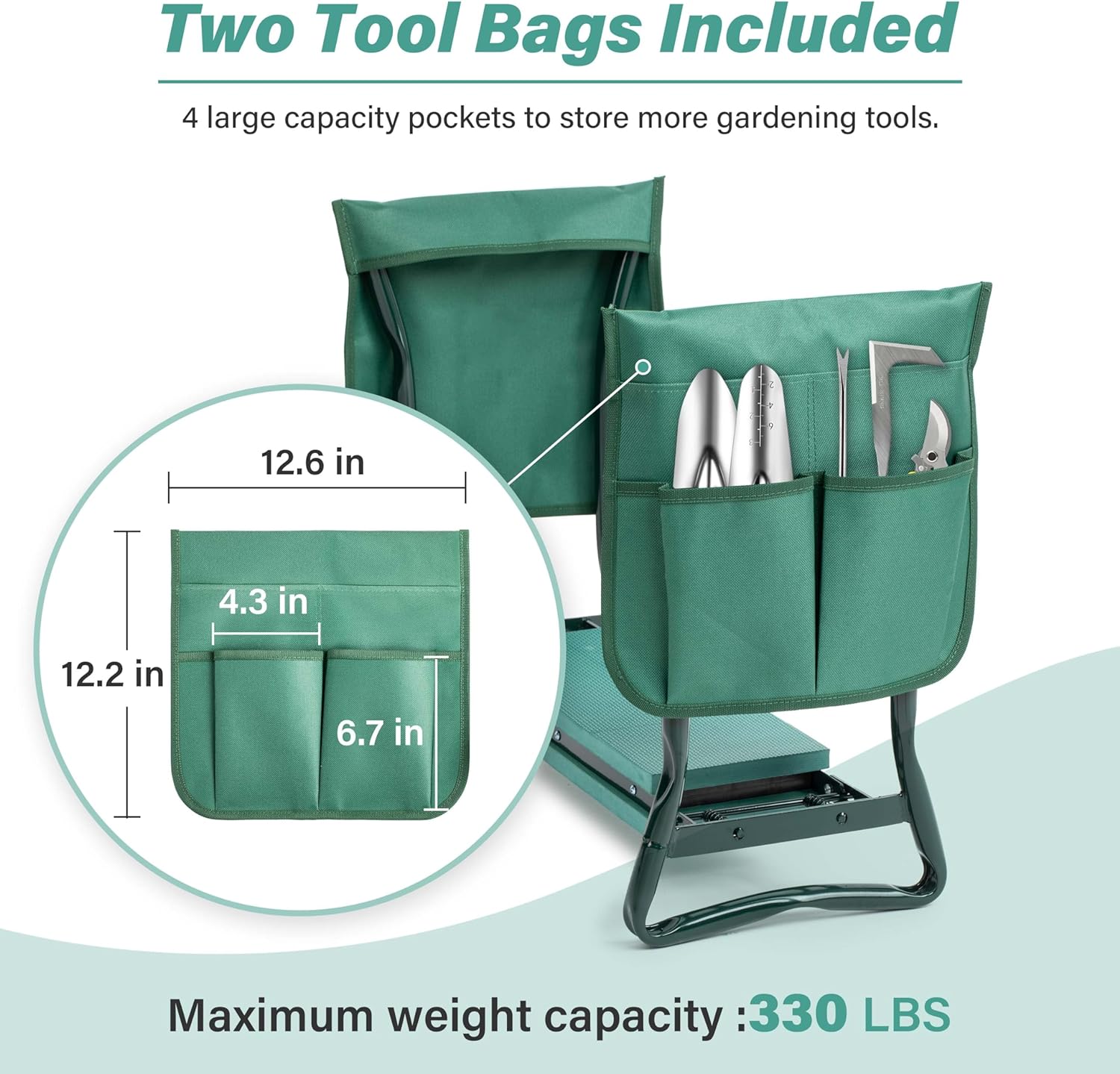 Simple Deluxe Garden Kneeler and Seat, Foldable Kneeling Stool with Thicker EVA Foam Pad Heavy Duty Bench, with Tool Pouch, Apron, Gifts for Outdoor Gardening, Fishing, Green - Image 4