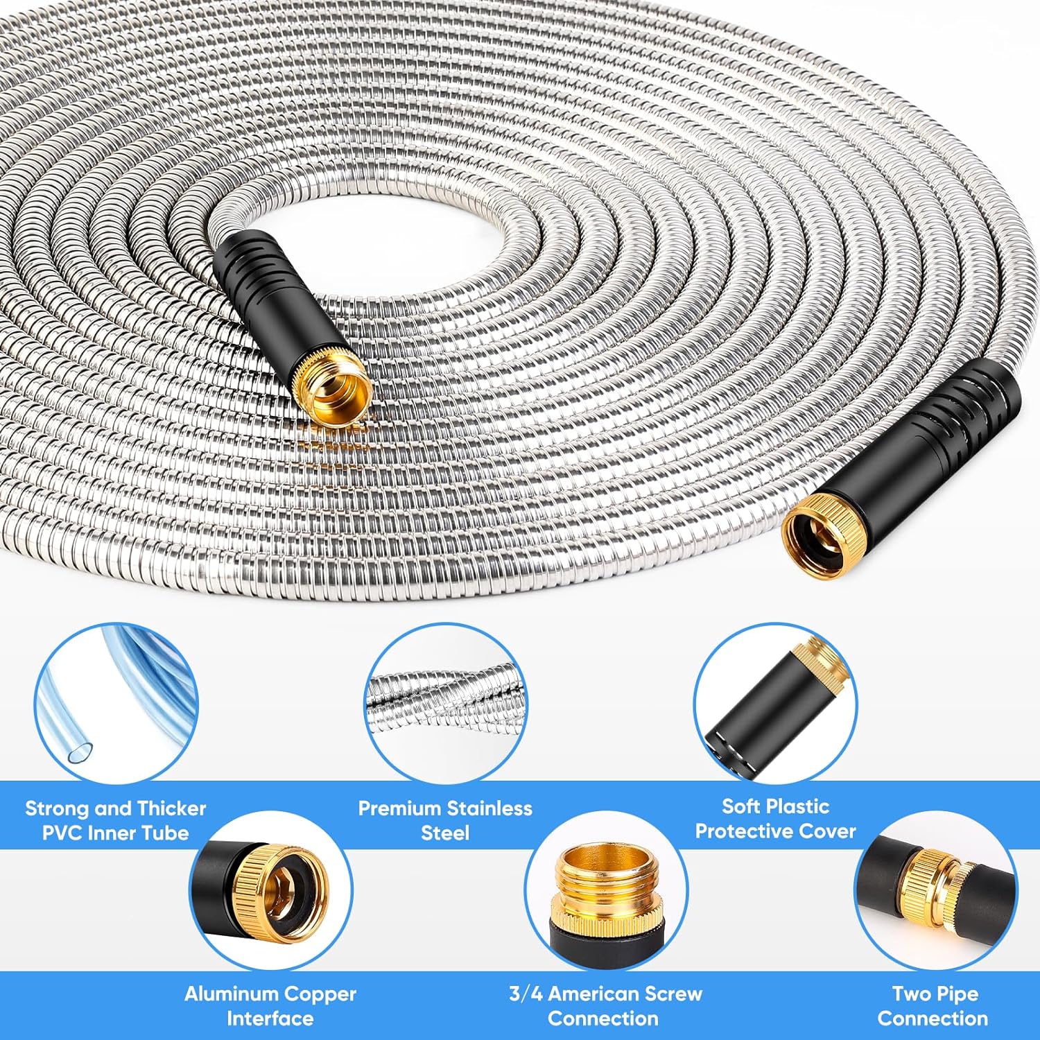 Garden Hose 50 FT, Metal Stainless Steel Water Hose with 10 Function Nozzles, No Kinks, Flexible Hose, Lightweight, Puncture Proof, Heavy Duty Hose for Yard and Outdoor - Image 3