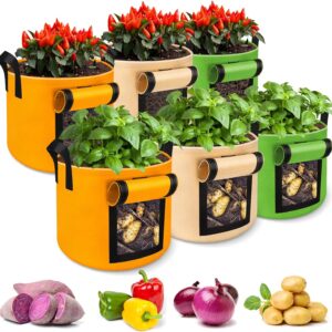 6 Pack 10 Gallon Grow Bags, 350g Heavy Duty Fabric Potato Growing Bags with Flap, Potatoes Grow Bags 10 Gal, Potato Bags for Growing Potatoes, Garden Bags to Grow Vegetables Tomato Plant Grow Bags