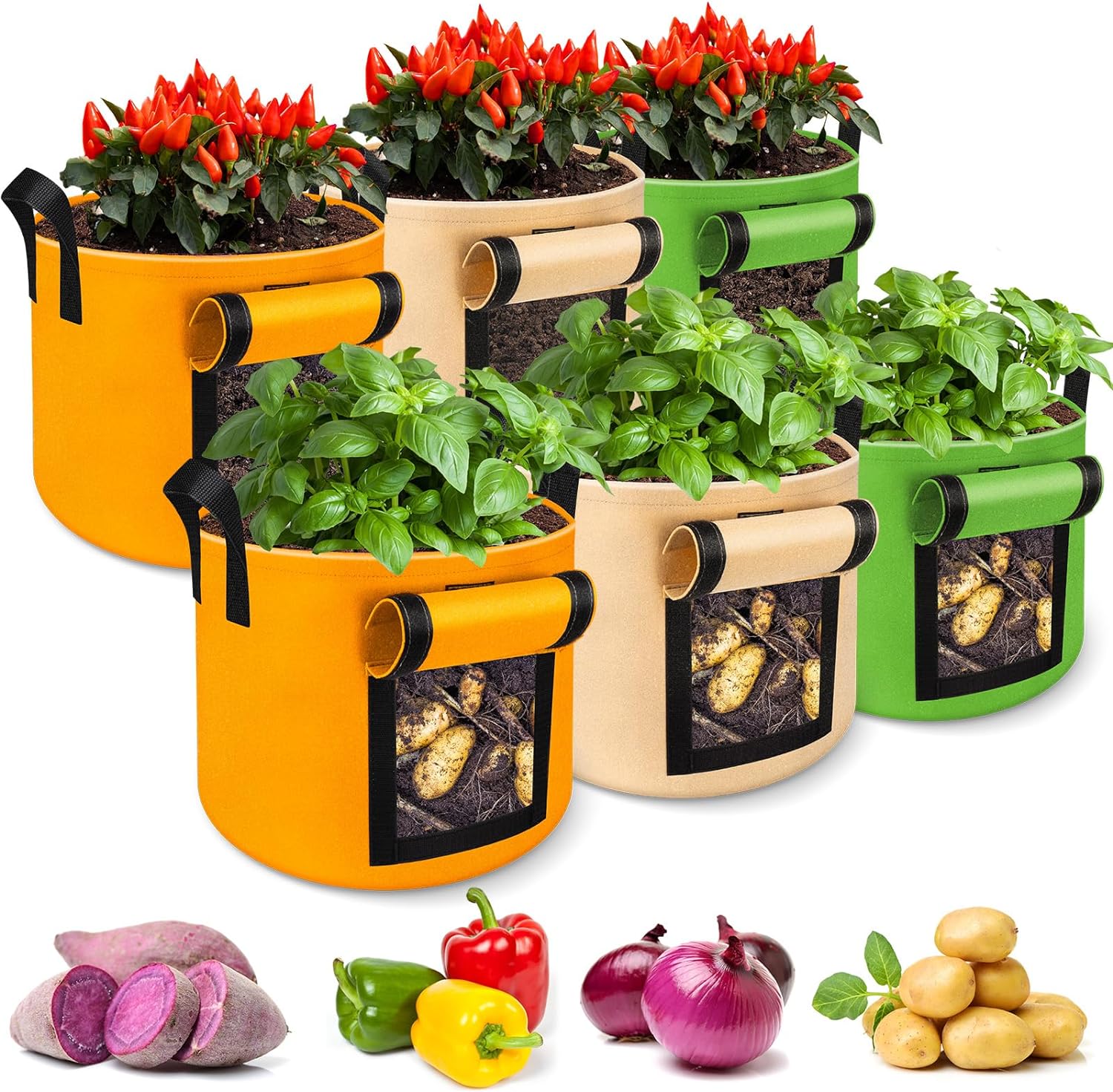6 Pack 10 Gallon Grow Bags, 350g Heavy Duty Fabric Potato Growing Bags with Flap, Potatoes Grow Bags 10 Gal, Potato Bags for Growing Potatoes, Garden Bags to Grow Vegetables Tomato Plant Grow Bags