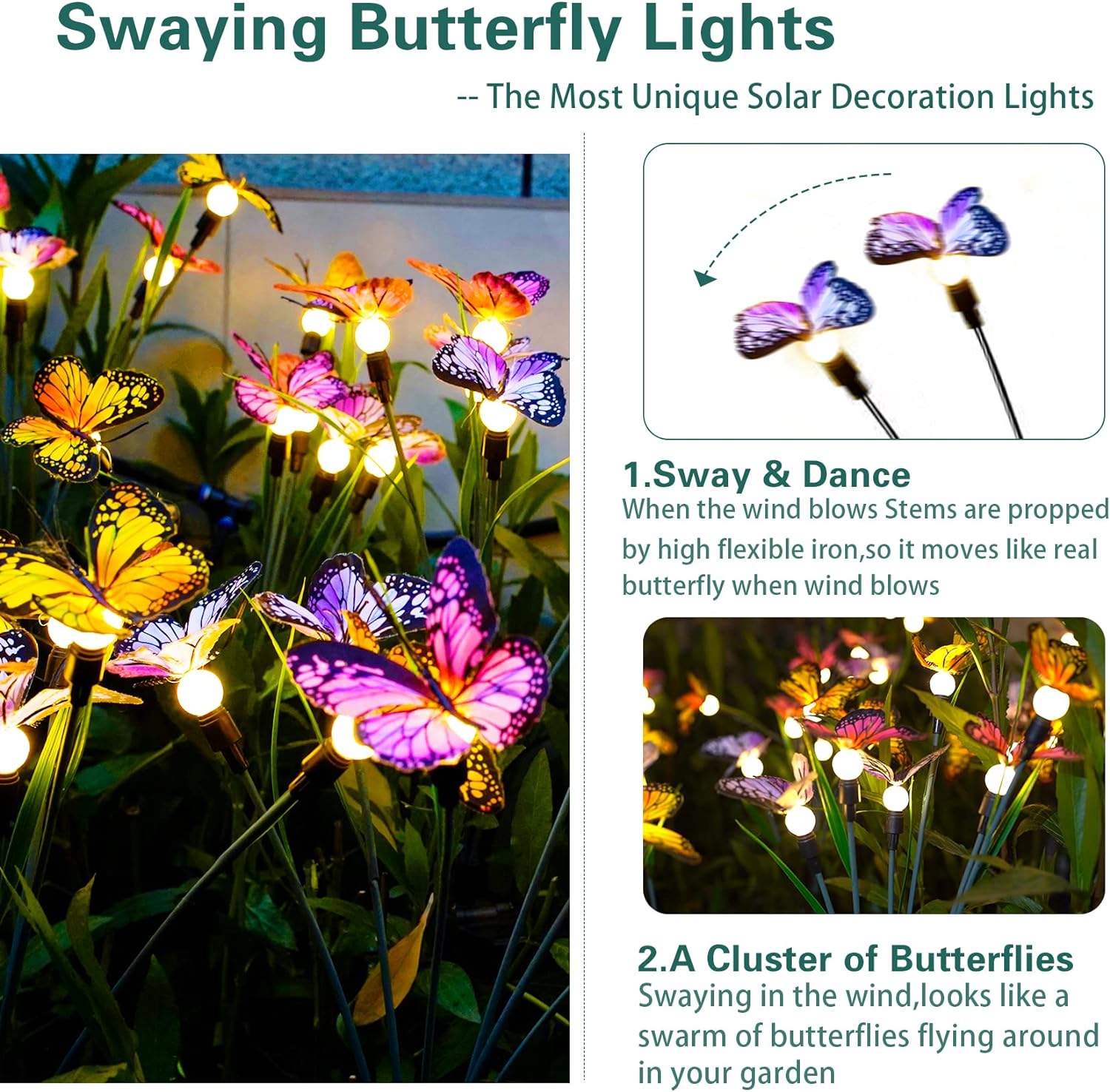 TONULAX Solar Garden Lights - Newest Swaying Butterfly Light, Swaying in The Wind, Solar Outdoor Lights, Yard Patio Pathway Decoration, High Flexibility Iron Wire & Realistic Butterflies (2 Pack) - Image 2