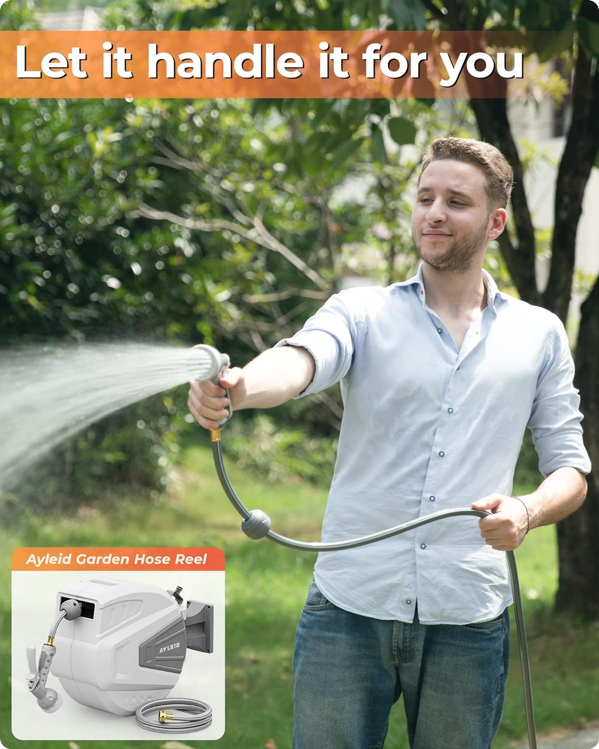 Ayleid Retractable Garden Hose Reel,1/2 in x 100 ft Wall Mounted Hose Reel, with 9- Function Sprayer Nozzle, Any Length Lock/Slow Return System/Wall Mounted/180°Swivel Bracket (Grey) - Image 8