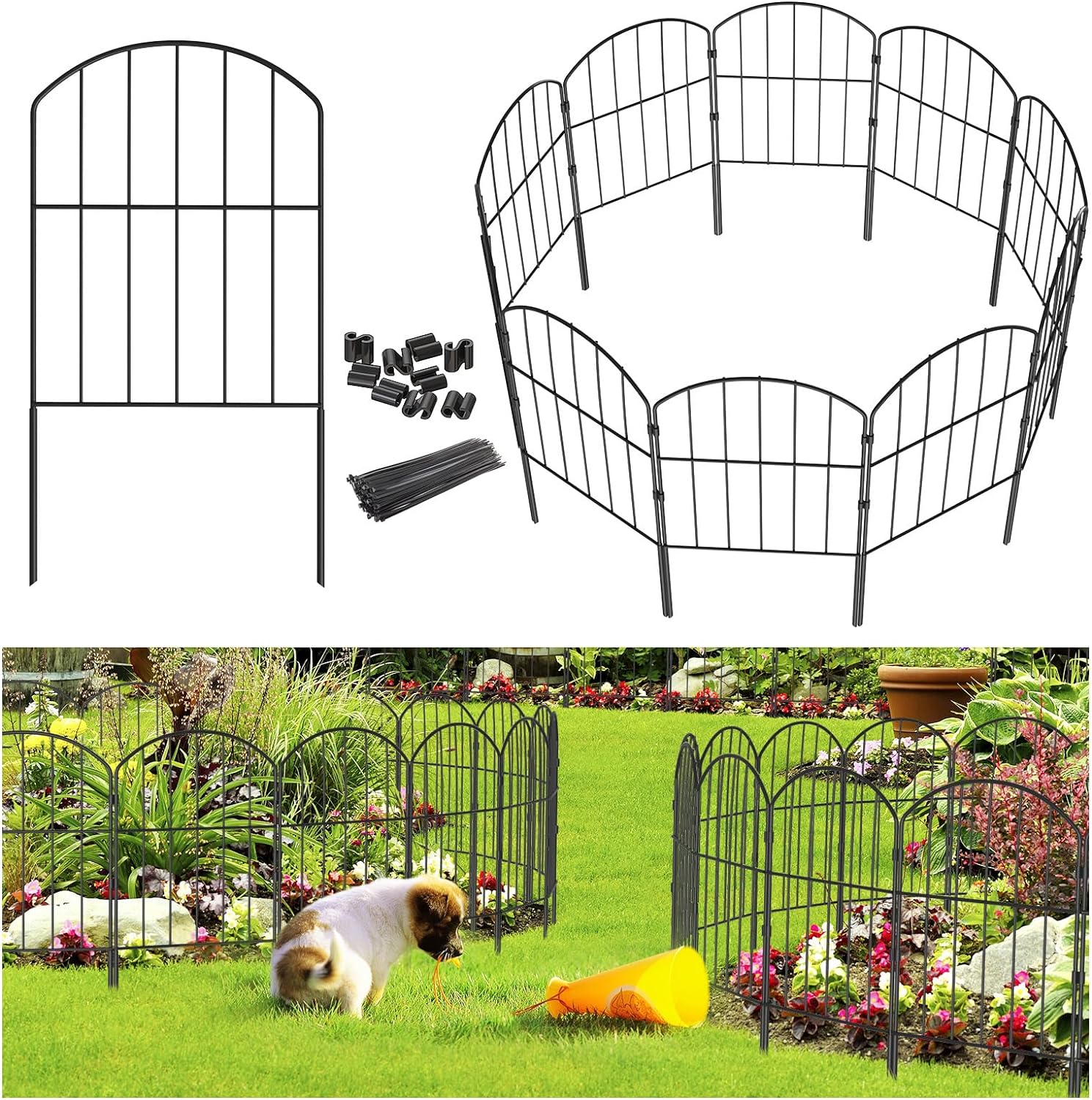 Garden Fence, Total 10ft(L) x 24in(H) Garden Fencing Animal Barrier, 10 Pcs Rustproof Metal Fence Panels, Black No Dig Fence, Decorative Garden Fences and Borders for Dogs, Flower Bed, Patio