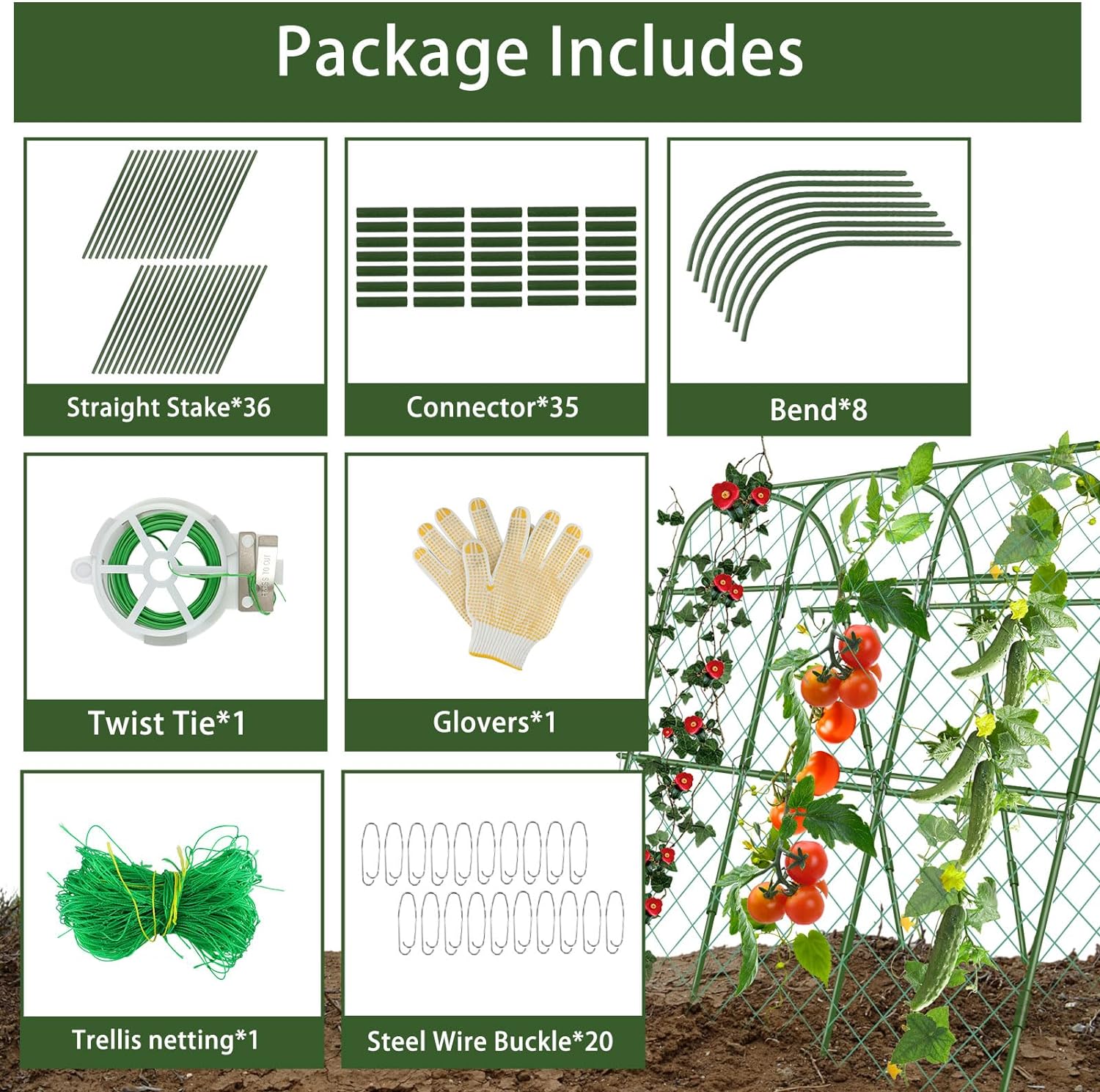 Cucumber Trellis for Raised Beds, 63 x 47 Inch Garden Arch Trellis for Climbing Plants Outdoors with Climbing Net, Detachable Cucumber Trellis Support for Tomato, Squash, Zucchini - Image 2