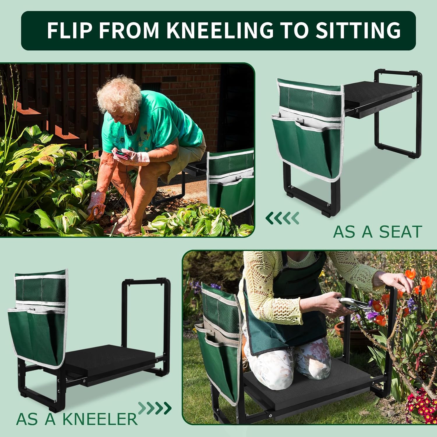 FLINTER 10.2" Wider Garden Kneeler and Seat, 2024 Upgraded Heavy Duty Thick Gardening Bench for Kneeling and Seat - Garden Tools with Bags, Gardening Gifts for Women, Grandparents, Mom & Dad - Image 4