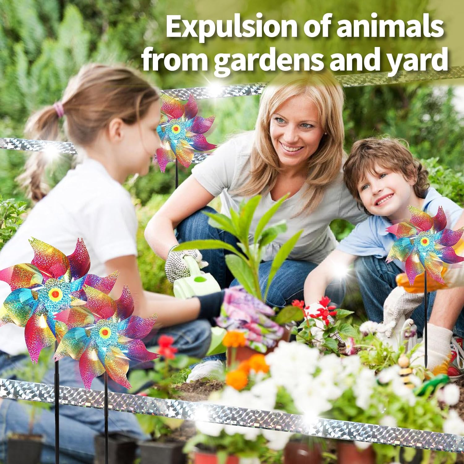 Pinwheels for Yard and Garden, 12Pack Reflective Pinwheels to Scare Birds Away, Sparkly Colorful Pin Wheels with Bird Scare Tape for Lawn, Patio(Pack of 12) - Image 5