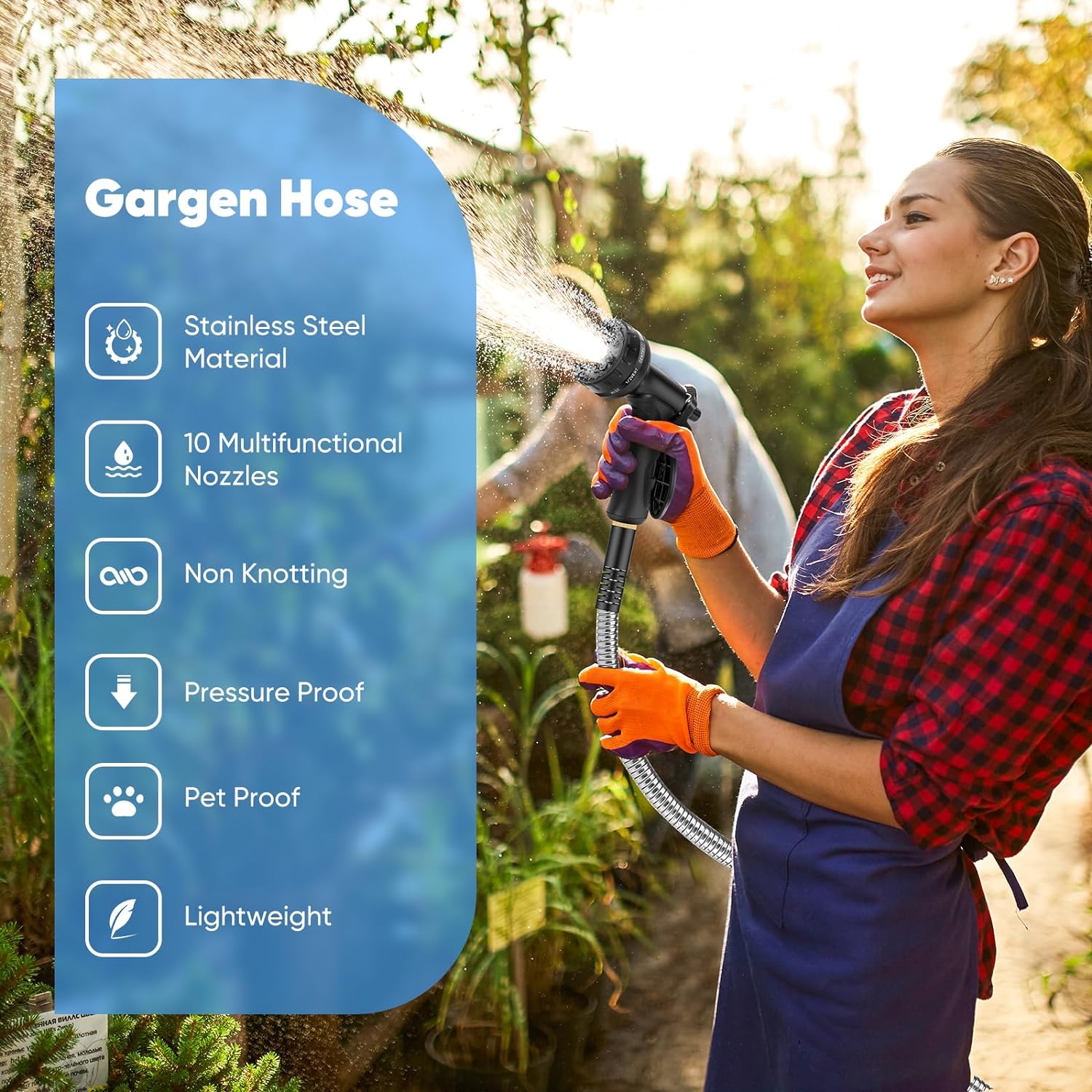 Garden Hose 50 FT, Metal Stainless Steel Water Hose with 10 Function Nozzles, No Kinks, Flexible Hose, Lightweight, Puncture Proof, Heavy Duty Hose for Yard and Outdoor - Image 2