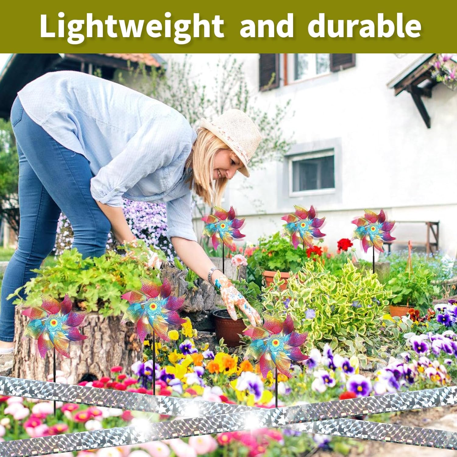 Pinwheels for Yard and Garden, 12Pack Reflective Pinwheels to Scare Birds Away, Sparkly Colorful Pin Wheels with Bird Scare Tape for Lawn, Patio(Pack of 12) - Image 6