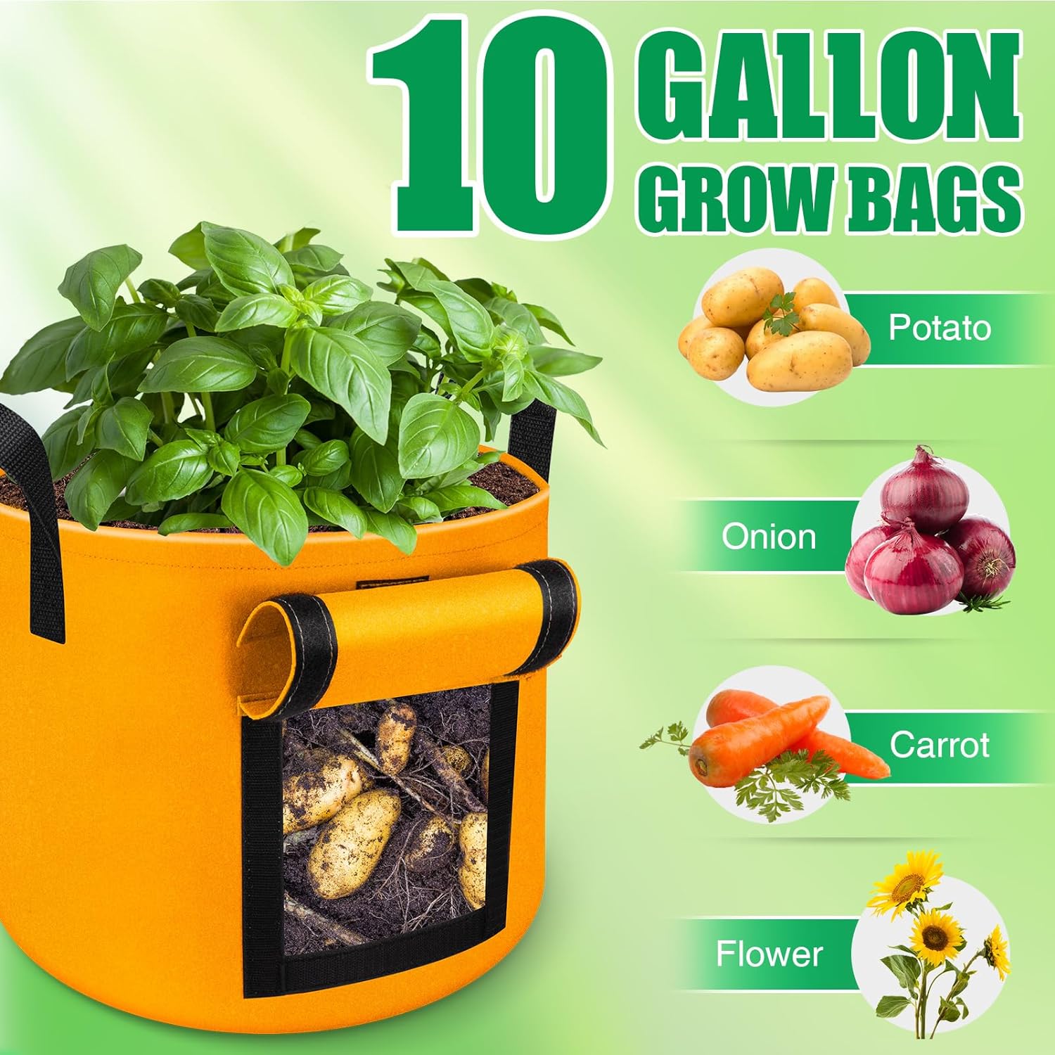 6 Pack 10 Gallon Grow Bags, 350g Heavy Duty Fabric Potato Growing Bags with Flap, Potatoes Grow Bags 10 Gal, Potato Bags for Growing Potatoes, Garden Bags to Grow Vegetables Tomato Plant Grow Bags - Image 3