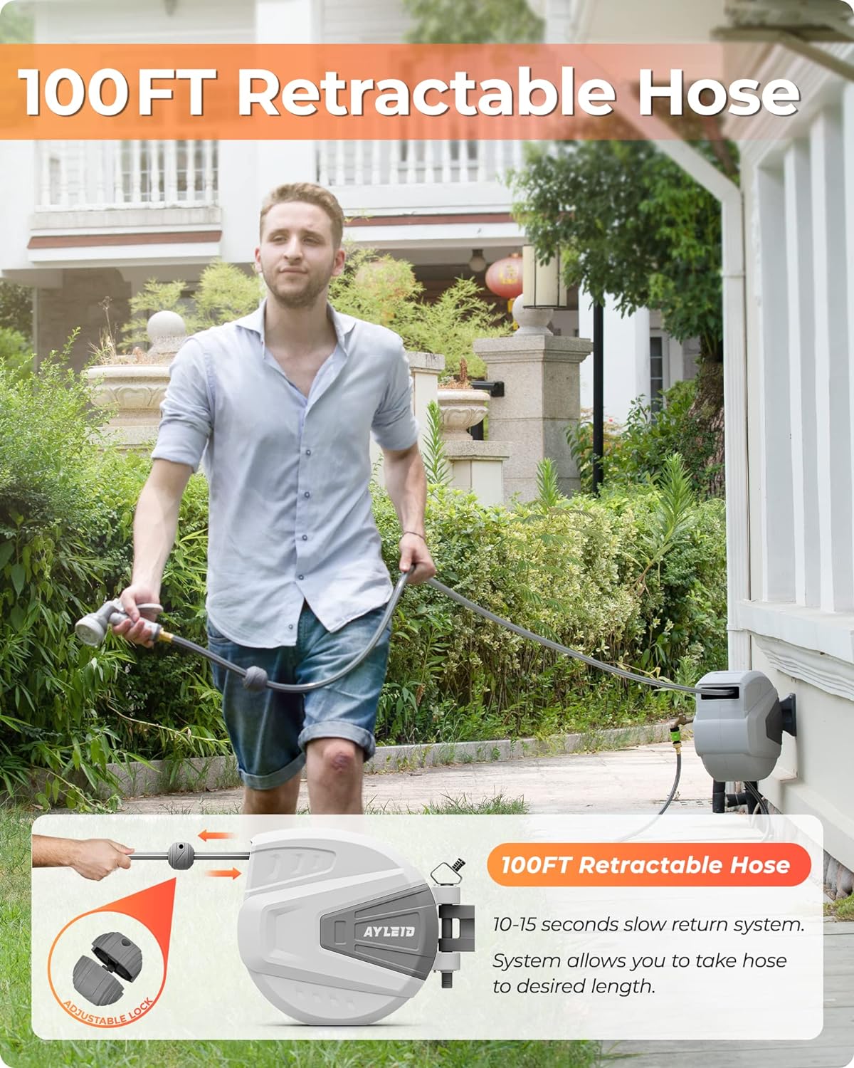 Ayleid Retractable Garden Hose Reel,1/2 in x 100 ft Wall Mounted Hose Reel, with 9- Function Sprayer Nozzle, Any Length Lock/Slow Return System/Wall Mounted/180°Swivel Bracket (Grey) - Image 4