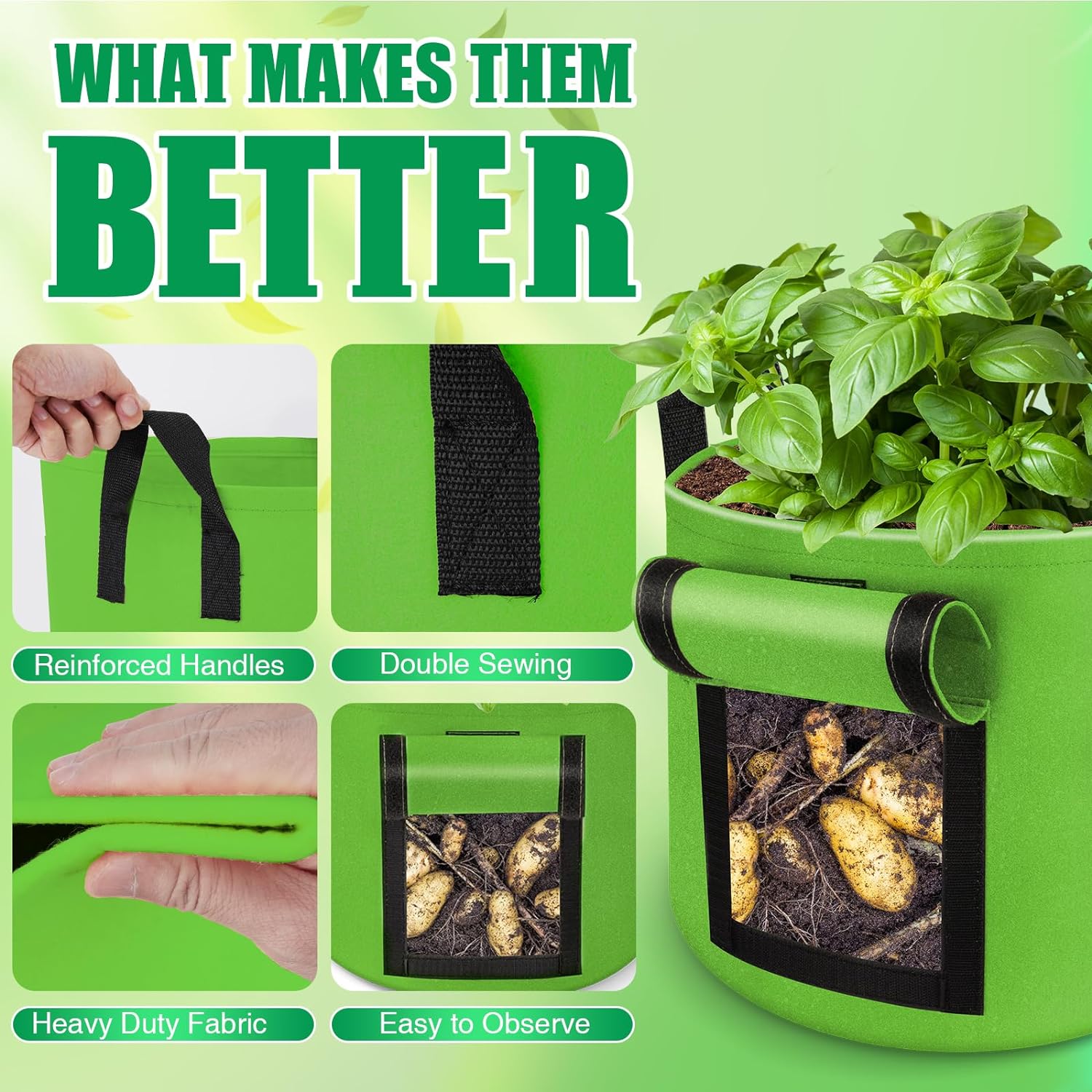 6 Pack 10 Gallon Grow Bags, 350g Heavy Duty Fabric Potato Growing Bags with Flap, Potatoes Grow Bags 10 Gal, Potato Bags for Growing Potatoes, Garden Bags to Grow Vegetables Tomato Plant Grow Bags - Image 2