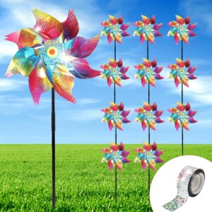 Pinwheels for Yard and Garden, 12Pack Reflective Pinwheels to Scare Birds Away, Sparkly Colorful Pin Wheels with Bird Scare Tape for Lawn, Patio(Pack of 12)