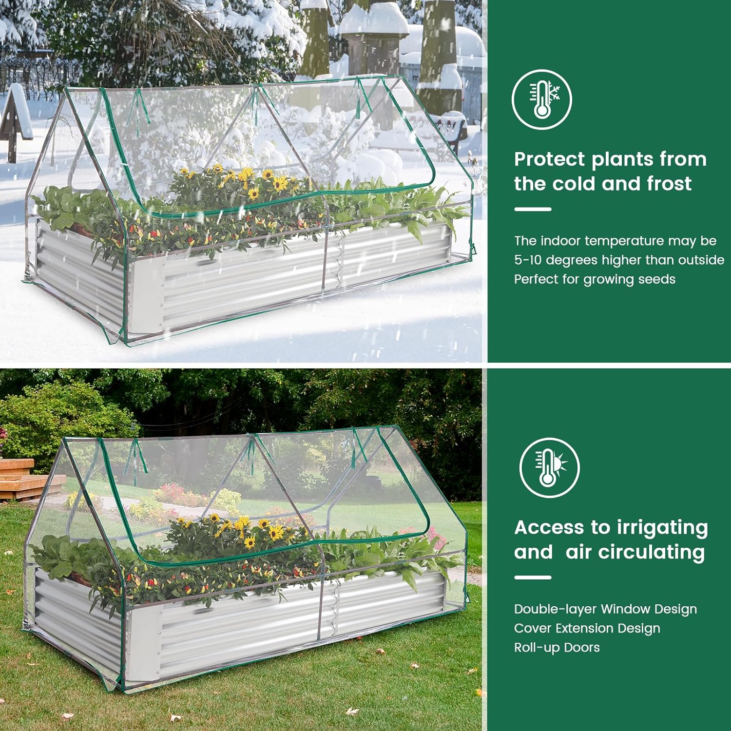Land Guard 6x3x1ft Galvanized Raised Garden Bed with Waterproof Cover Small Mini Portable Antifreeze Greenhouse Kit for Metal Planter Box with 2 Huge Roll-up Zipper Door Window - Image 3