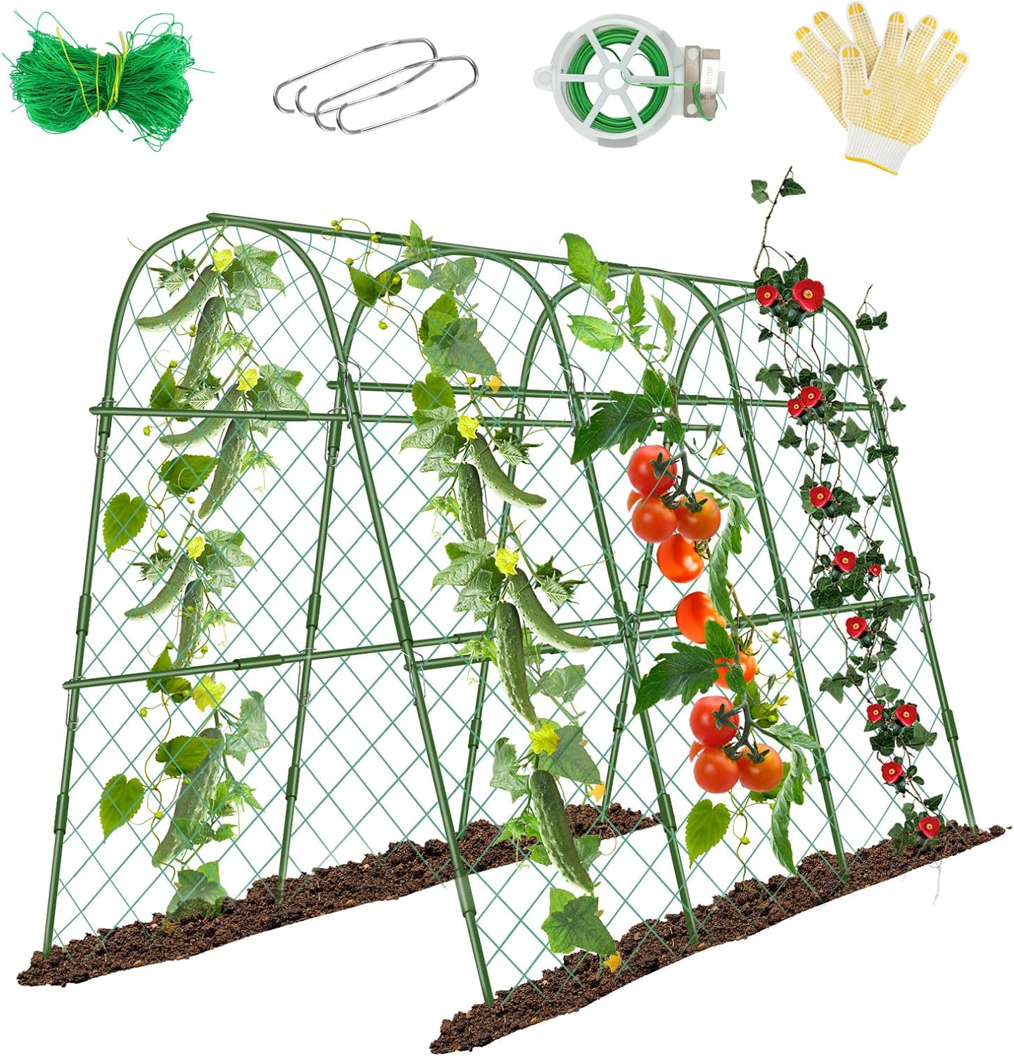Cucumber Trellis for Raised Beds, 63 x 47 Inch Garden Arch Trellis for Climbing Plants Outdoors with Climbing Net, Detachable Cucumber Trellis Support for Tomato, Squash, Zucchini