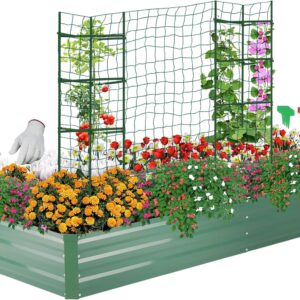 Galvanized Raised Garden Bed for Vegetables Flowers Herbs, Metal Raised Garden Bed Kit with 2 PCS Tomato Cage, Gloves, Trellis Netting, Plant Labels, Plant Ties, Green 6×3×1FT