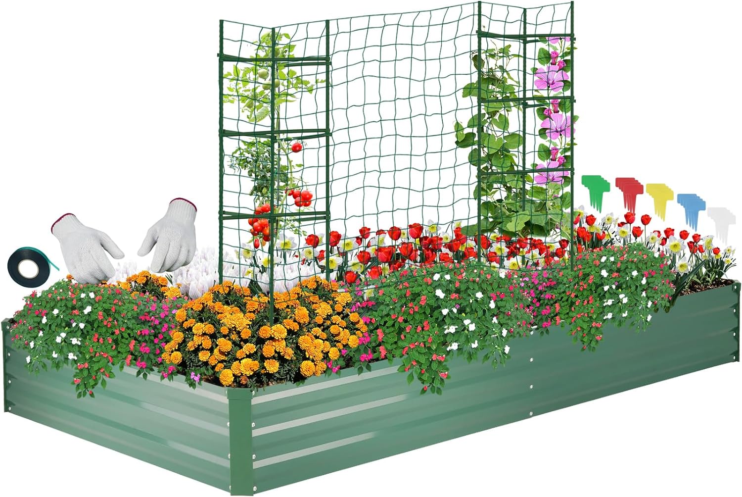 Galvanized Raised Garden Bed for Vegetables Flowers Herbs, Metal Raised Garden Bed Kit with 2 PCS Tomato Cage, Gloves, Trellis Netting, Plant Labels, Plant Ties, Green 6×3×1FT