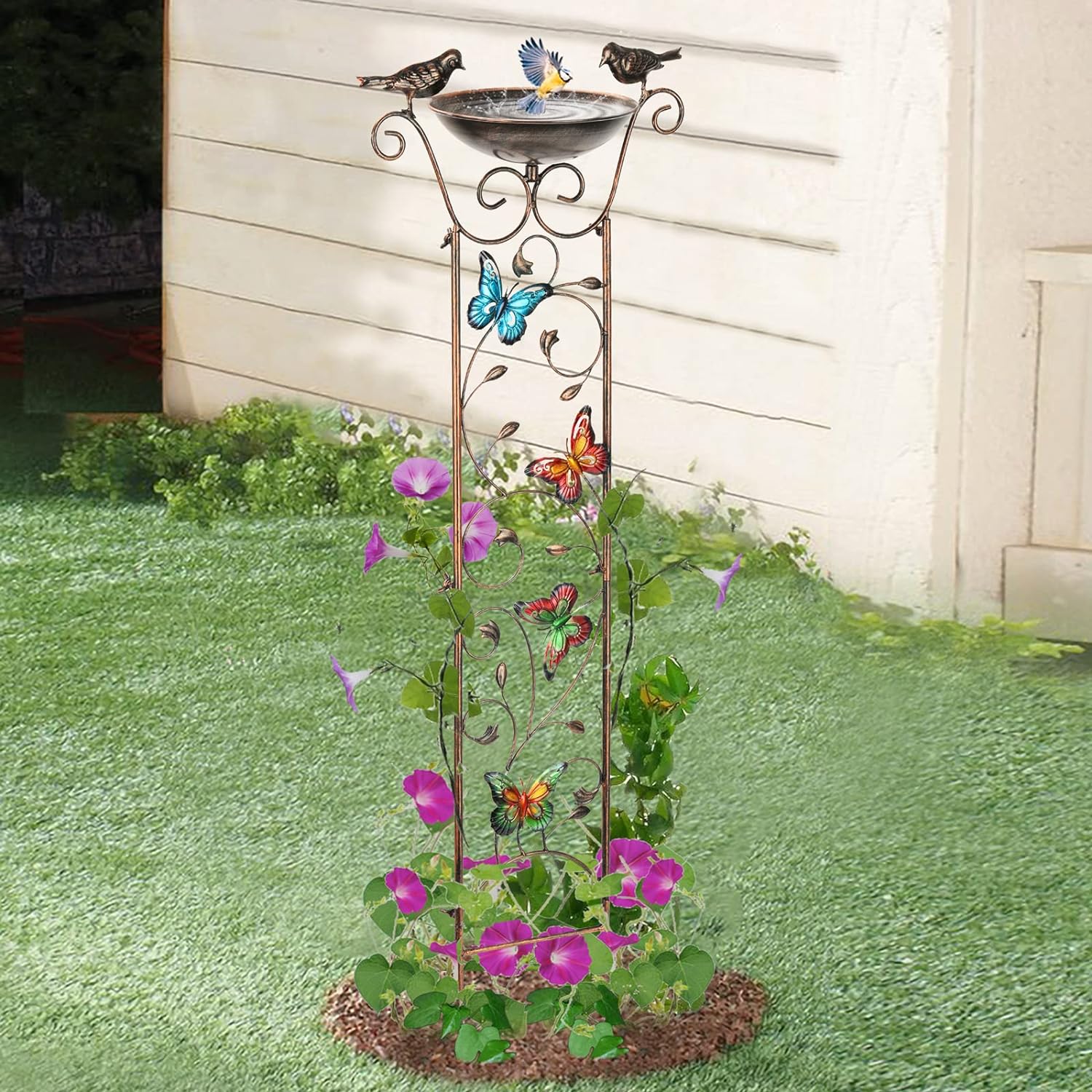 SUNNYPARK Bird Bath with Trellis Outdoor, Antique Garden Iron Trellis with Decorative Butterflies Detachable Bird Bowl Metal Potted Plants Support for Climbing Flowers - Image 5