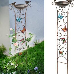 SUNNYPARK Bird Bath with Trellis Outdoor, Antique Garden Iron Trellis with Decorative Butterflies Detachable Bird Bowl Metal Potted Plants Support for Climbing Flowers