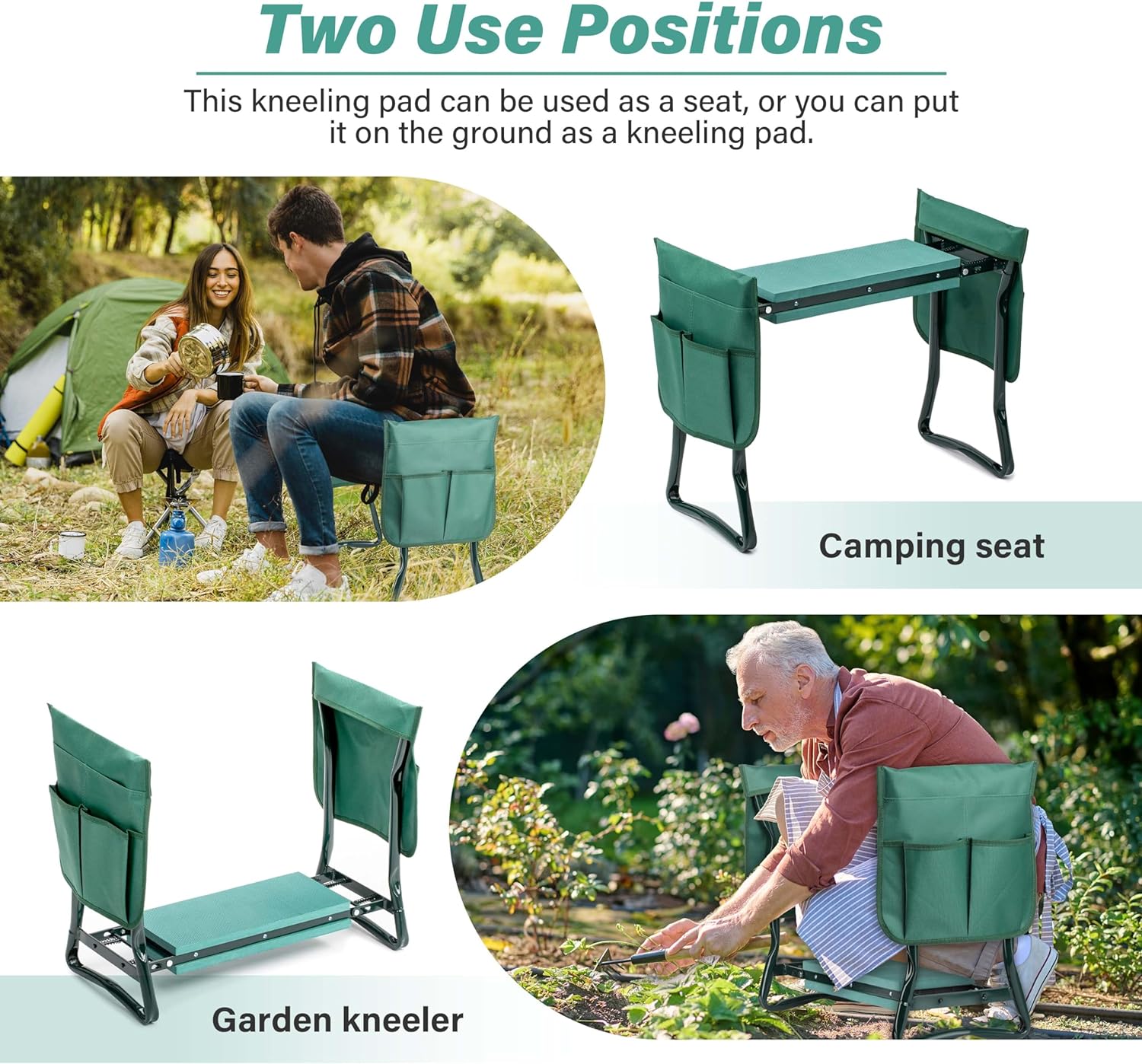 Simple Deluxe Garden Kneeler and Seat, Foldable Kneeling Stool with Thicker EVA Foam Pad Heavy Duty Bench, with Tool Pouch, Apron, Gifts for Outdoor Gardening, Fishing, Green - Image 6