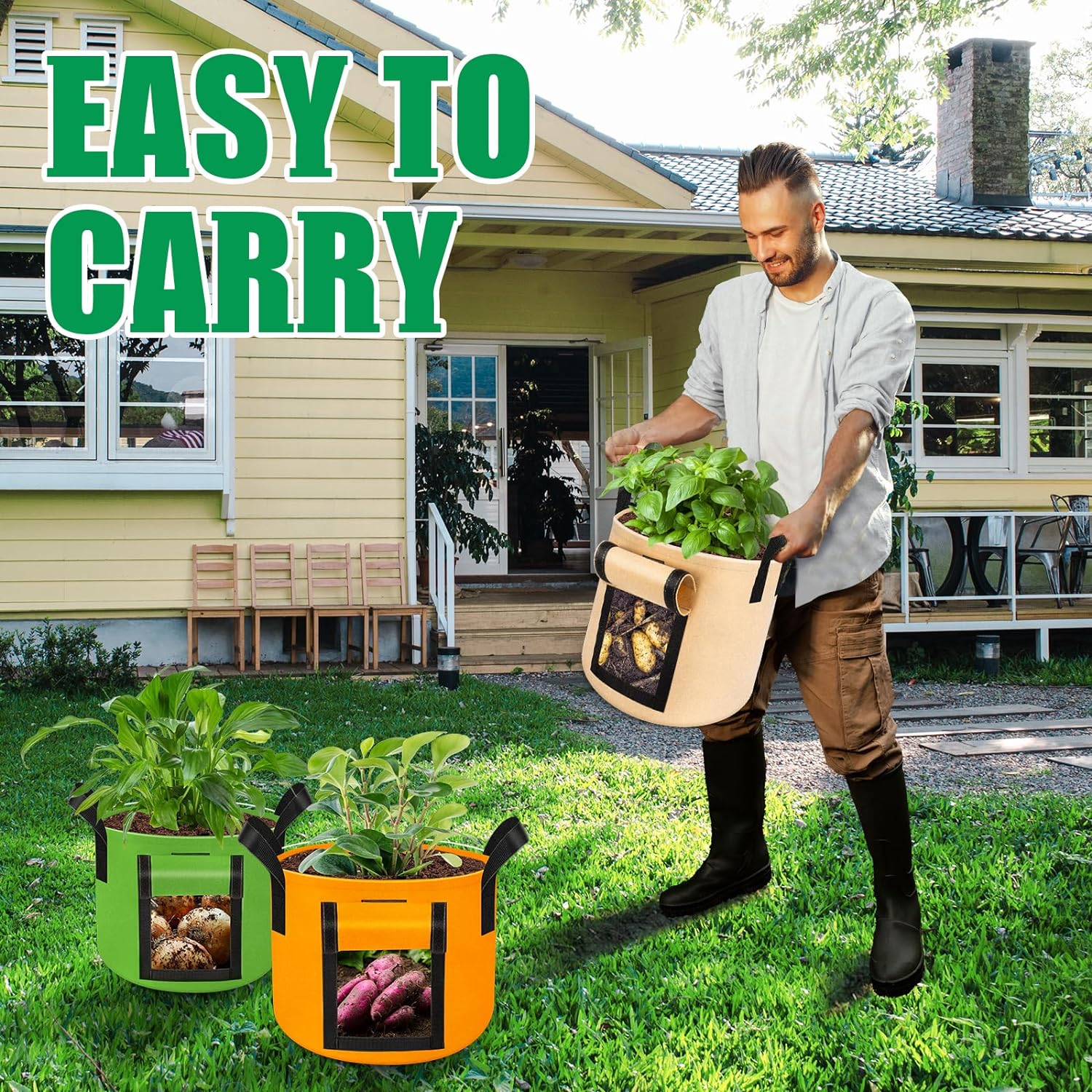 6 Pack 10 Gallon Grow Bags, 350g Heavy Duty Fabric Potato Growing Bags with Flap, Potatoes Grow Bags 10 Gal, Potato Bags for Growing Potatoes, Garden Bags to Grow Vegetables Tomato Plant Grow Bags - Image 7